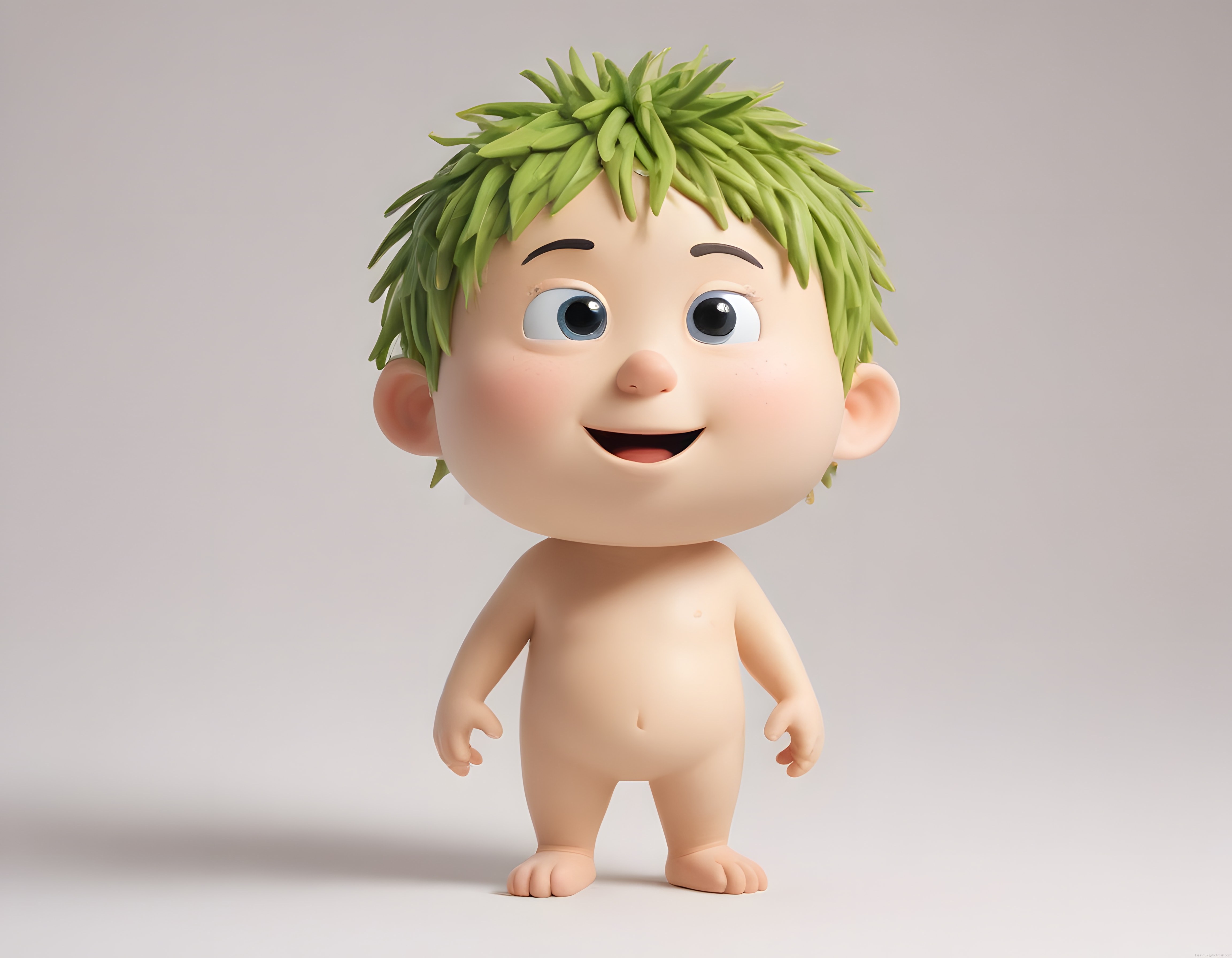 Yaprak saçlı sevimli 3D animasyon bebek karakteri ve masalsı duruşu
