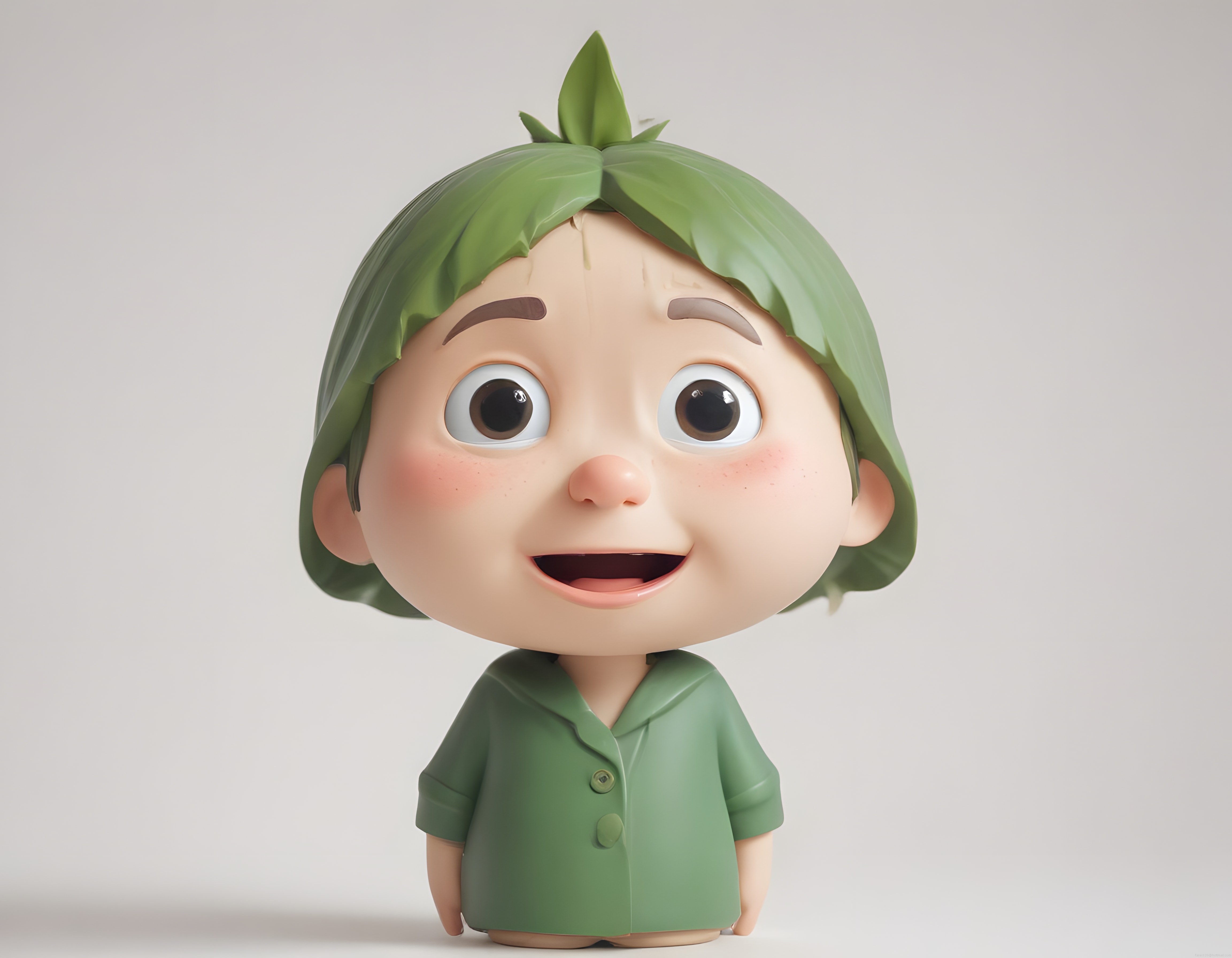 Yaprak saçlı sevimli 3D animasyon karakteri ve yeşil kıyafetli gülümseyen figür