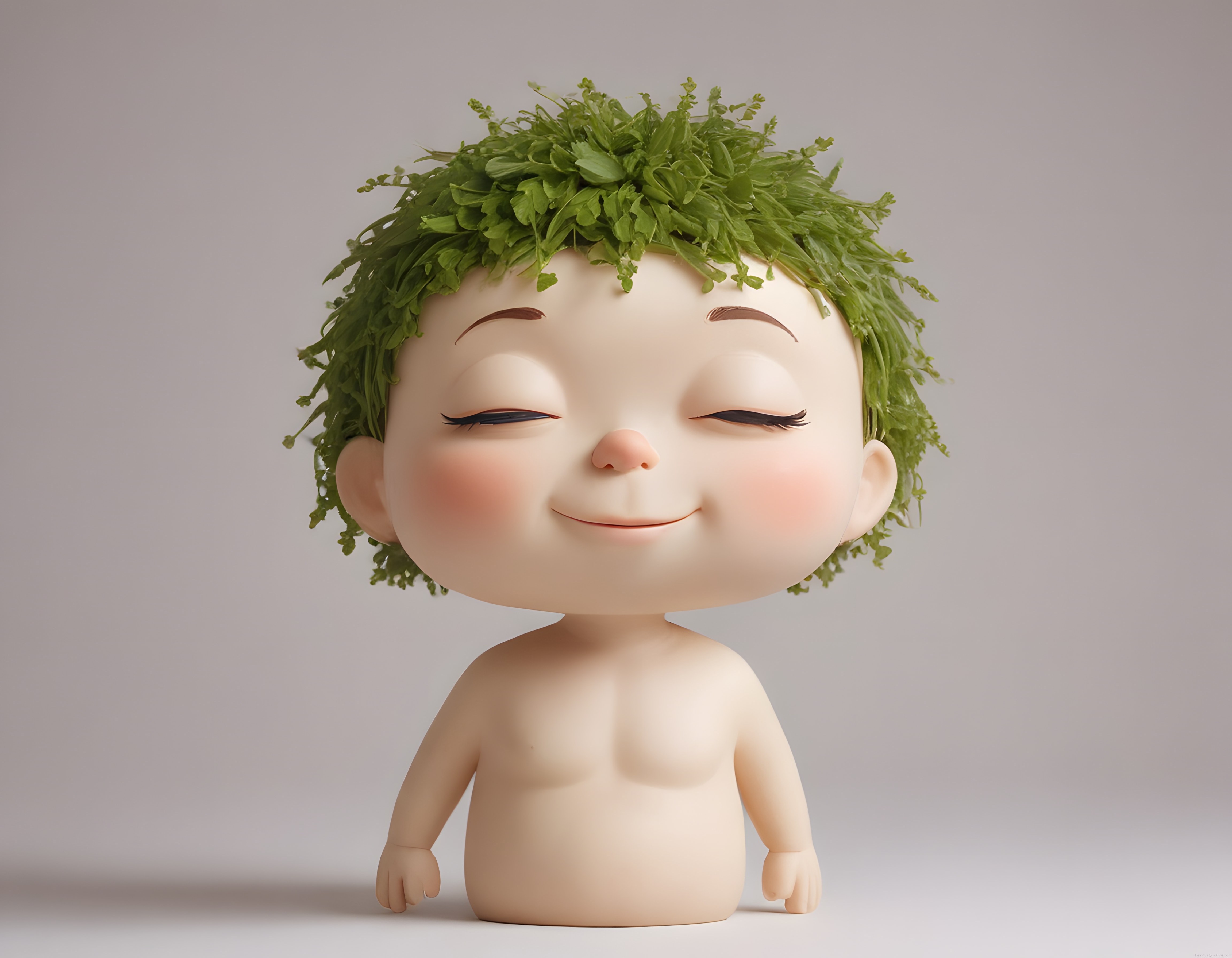 Yaprak saçlı sevimli 3D bebek karakter: Doğa temalı dijital heykelcik