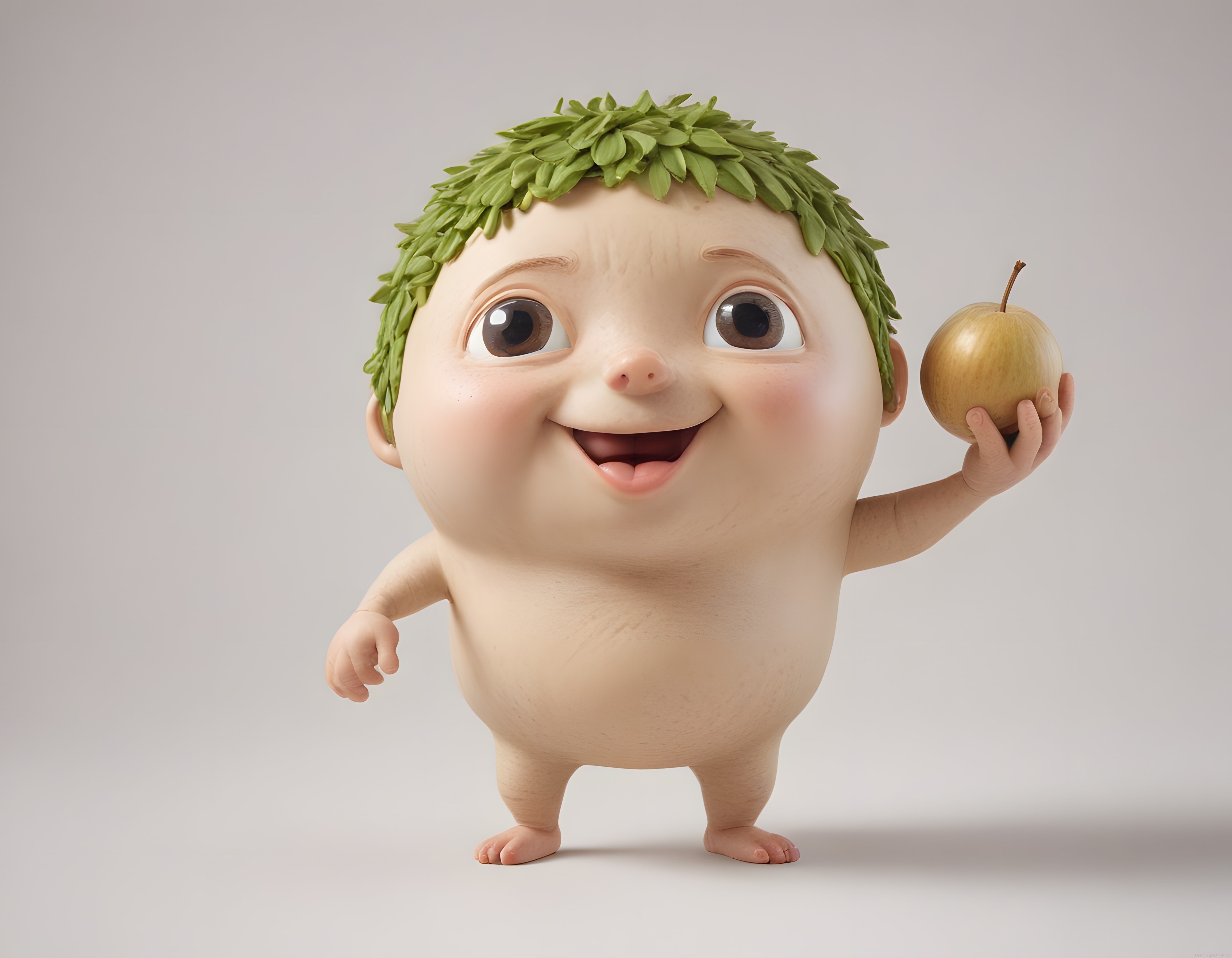 Yaprak Saçlı Sevimli 3D Çizgi Film Karakteri Elinde Altın Elma ile Gülümsüyor
