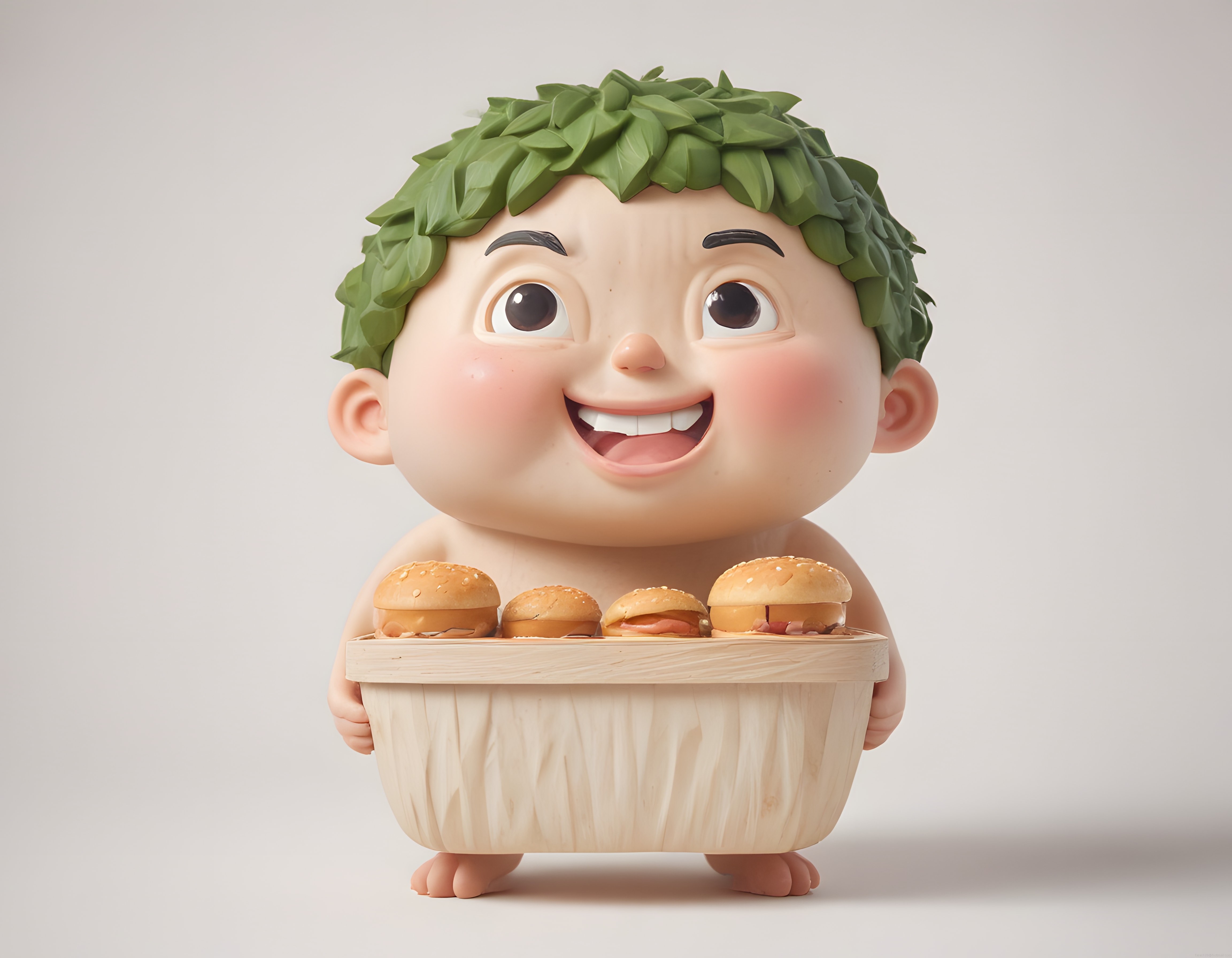 Yaprak saçlı sevimli 3D karakter ahşap kasede mini burgerlerle poz veriyor