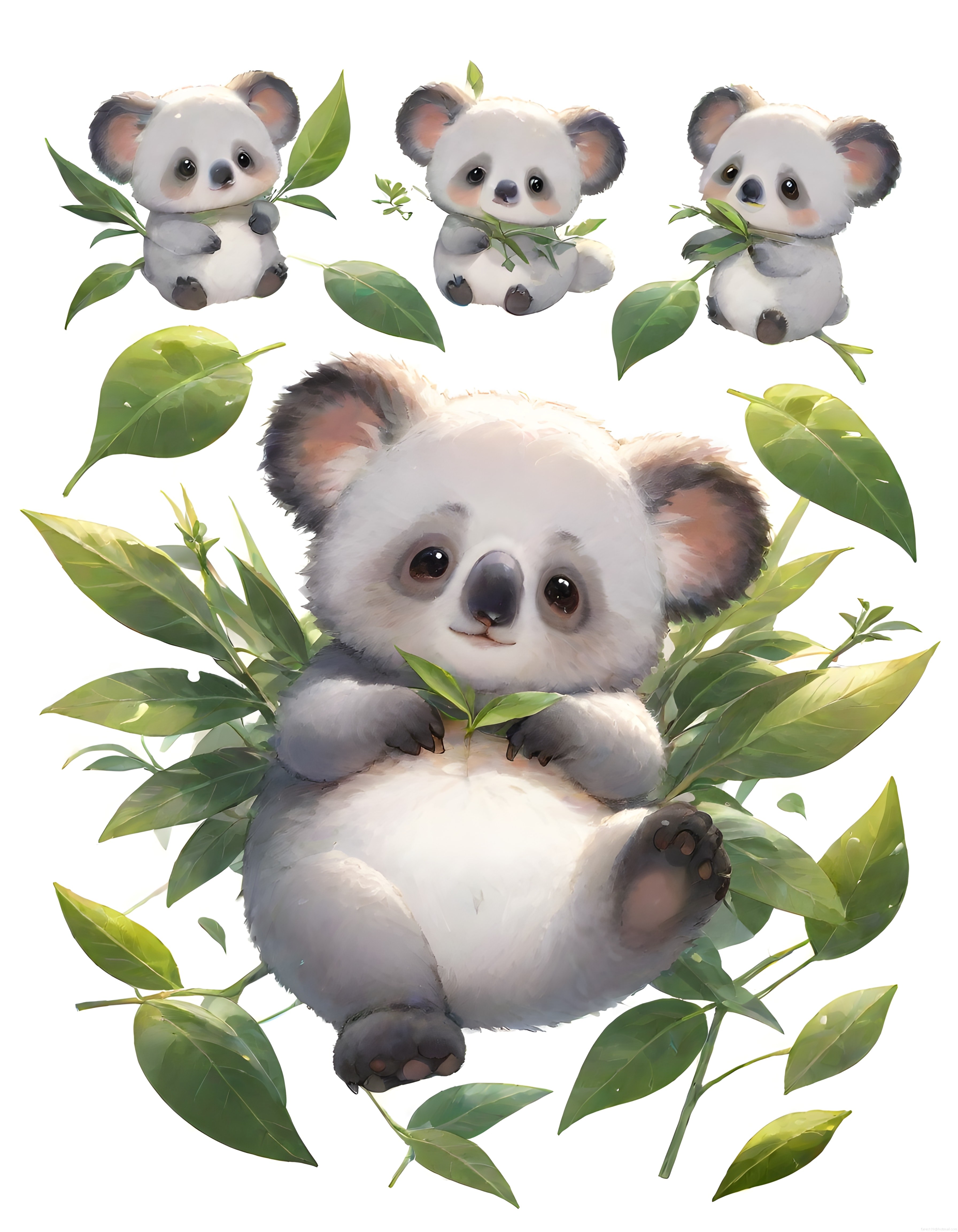 Yapraklar Arasında Oturan Sevimli Koala Yavruları Dijital Sanat Çalışması