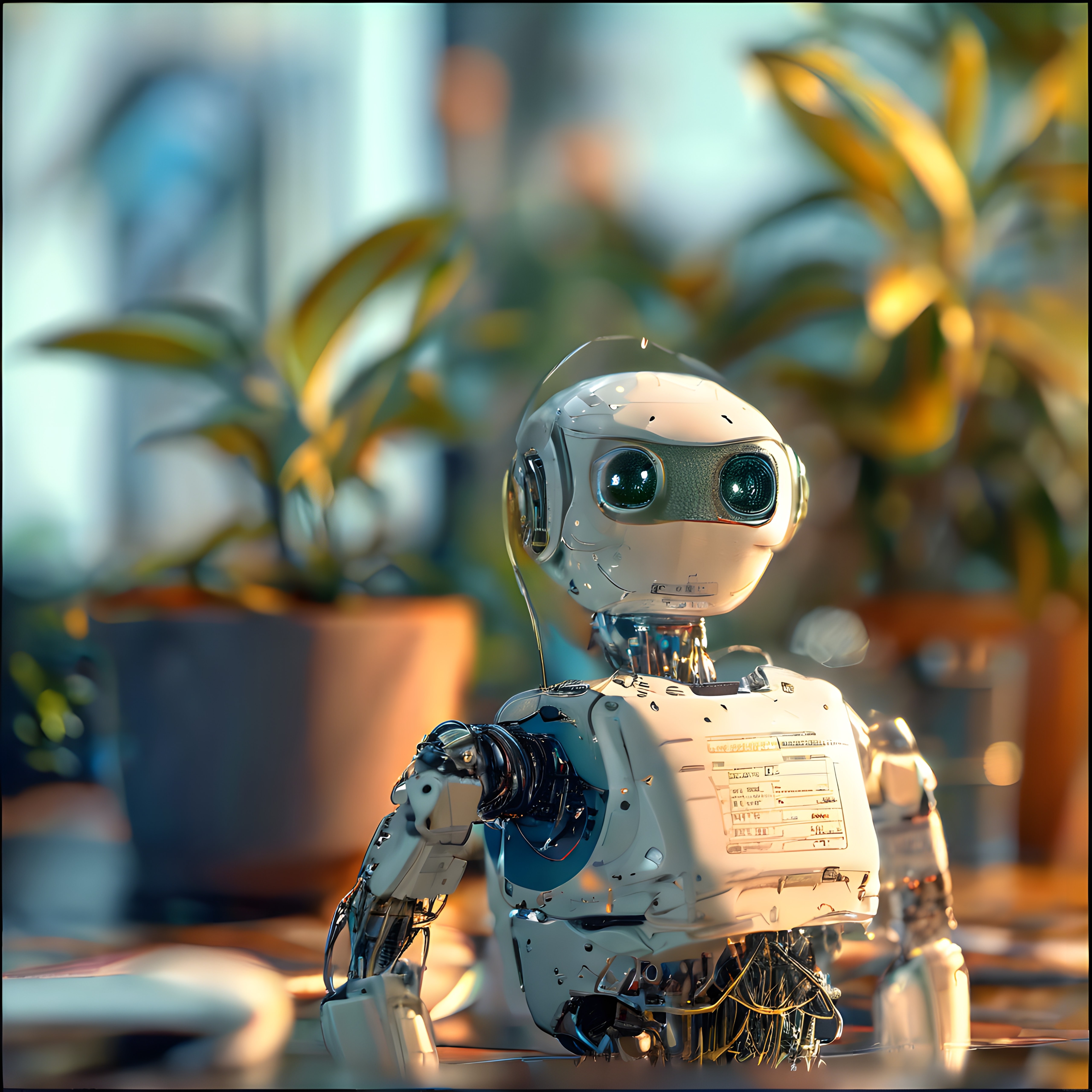 Yaprakların Arasında Duran Sevimli Küçük Robot Ve Mekanik Detayları