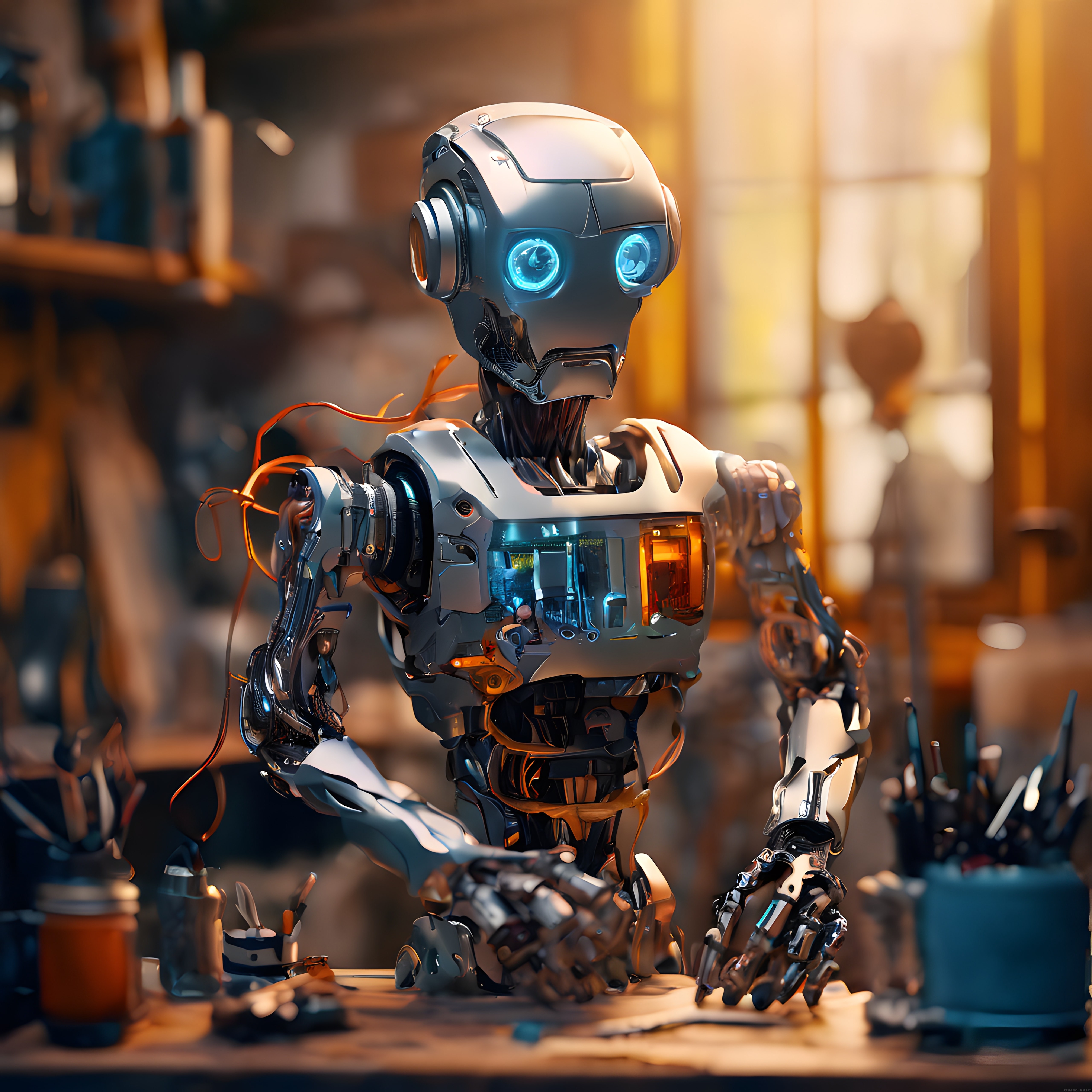 Yaratıcı Atölyede Çalışan Robotun Mavi Gözleri ve Mekanik Detayları