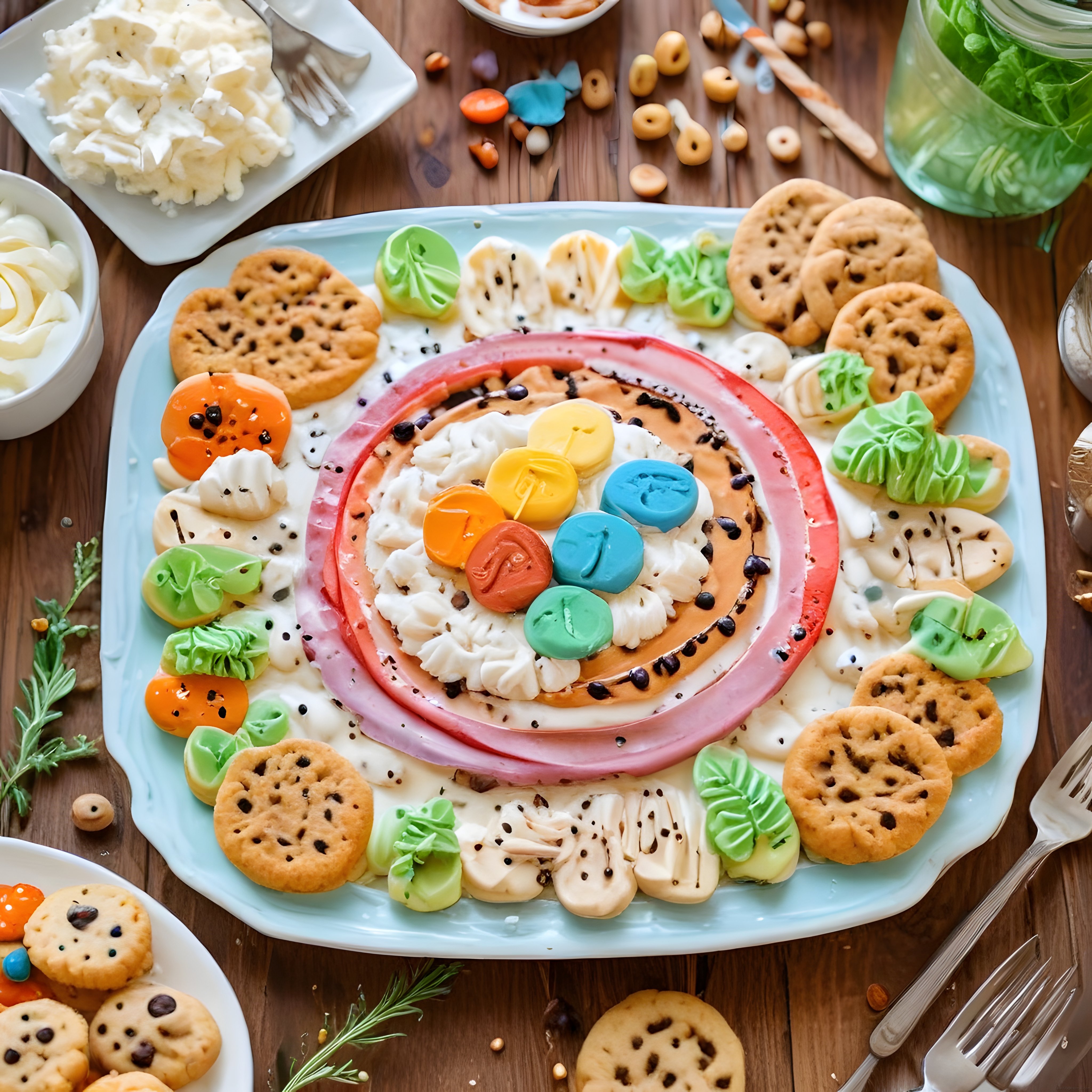 Yaratıcı Kahvaltı Sunumu: Renkli Düğme Şekerlemeli ve Krakerli Brunch Tabağı Yaratıcı Kahvaltı Sunumu: Renkli Düğme Şekerlemeli ve Krakerli Brunch Tabağı