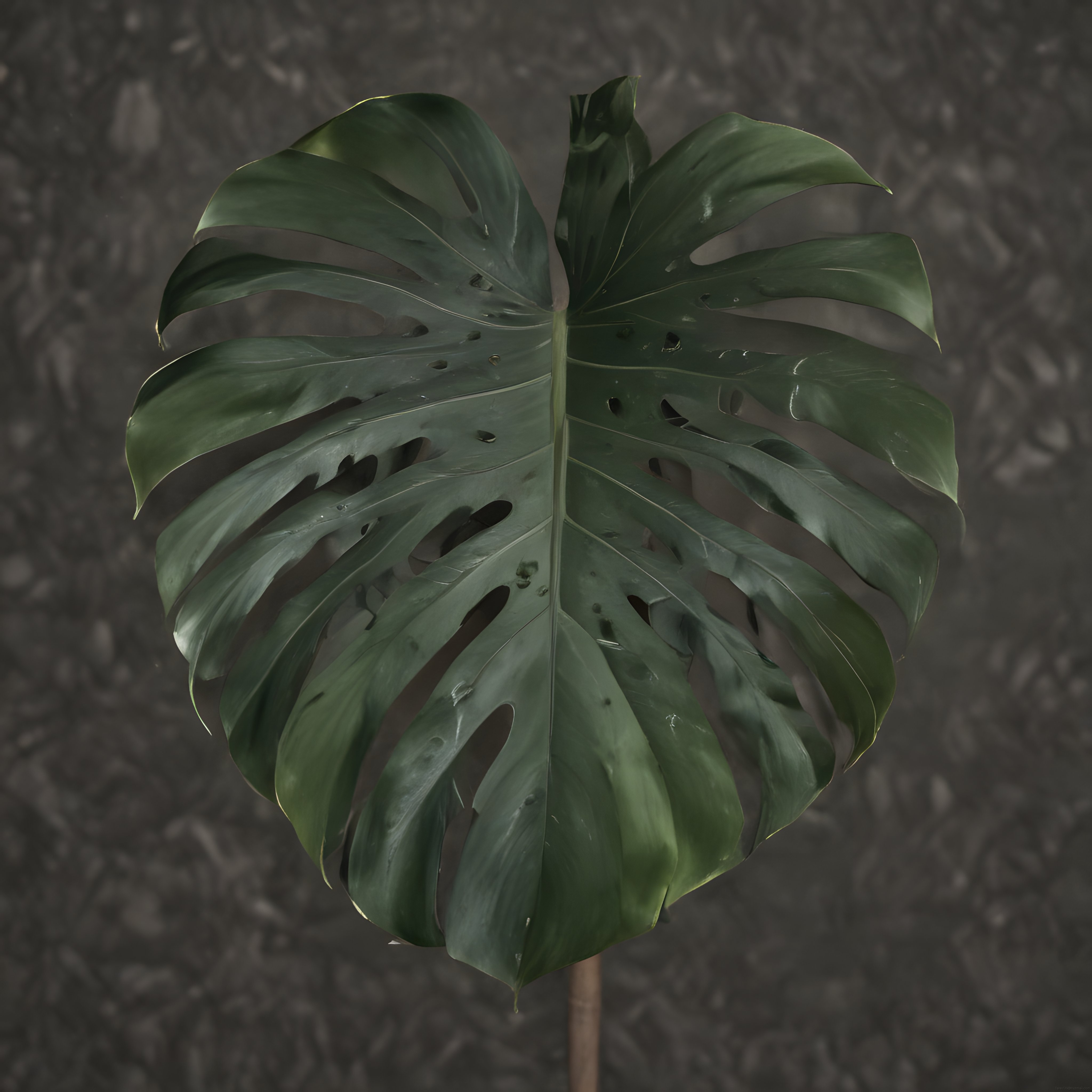 Yarık yapraklı koyu yeşil monstera yaprağı gri zeminde