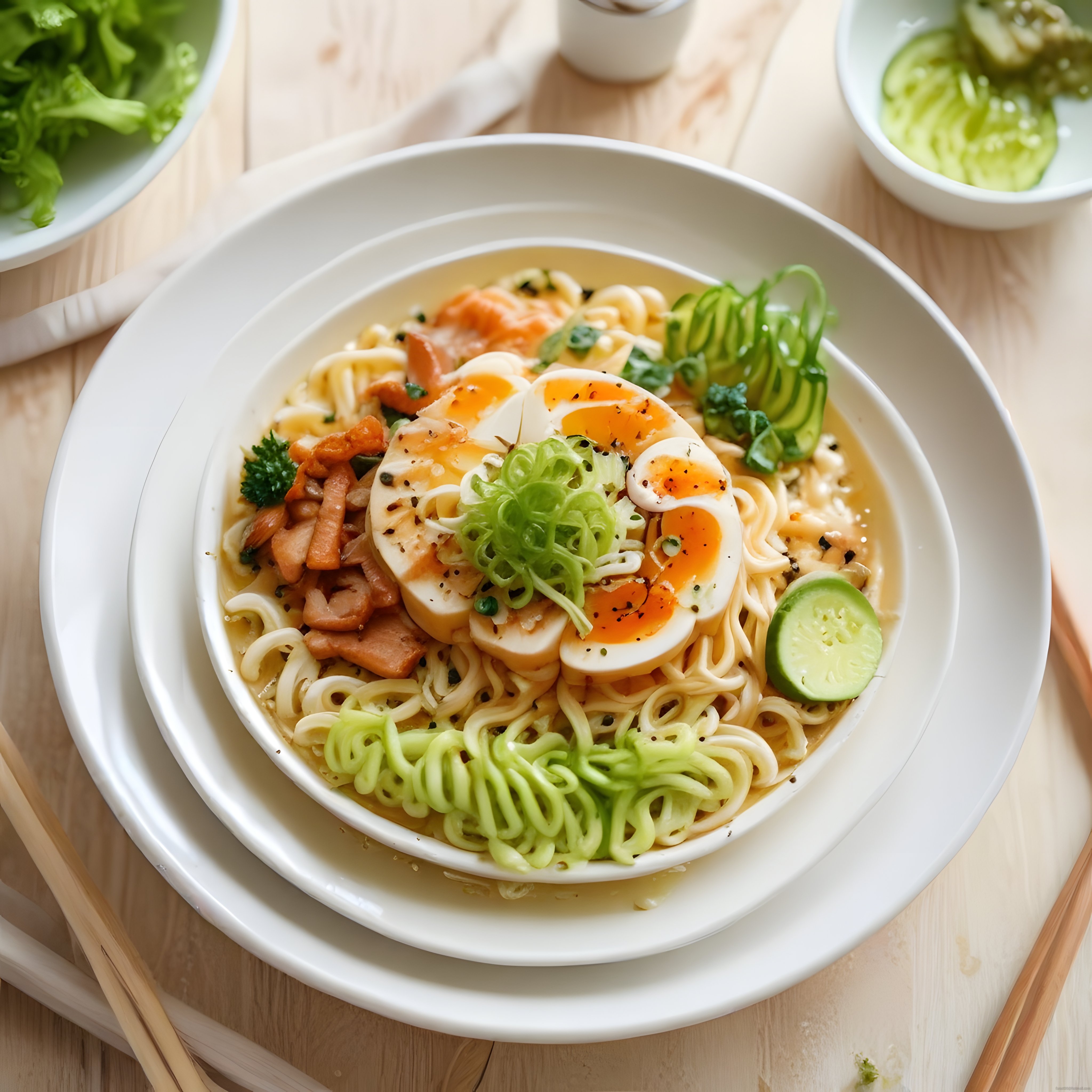 Yarım haşlanmış yumurta, salatalık ve yeşil erişteli ramen kasesi