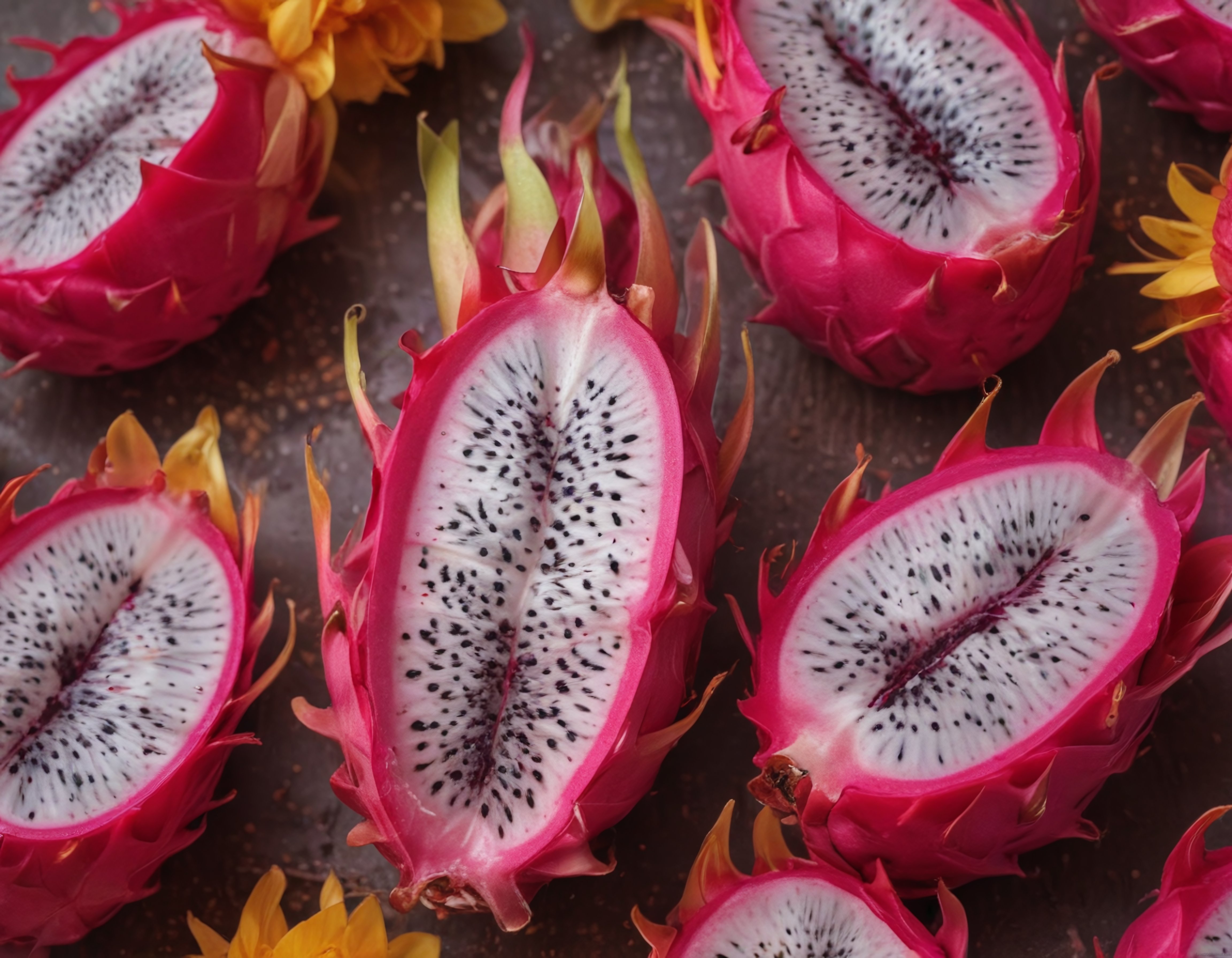 Yarım Kesilmiş Ejder Meyvesi: Taze Pitaya Detayı ve Rustik Masa Üstü Sunumu