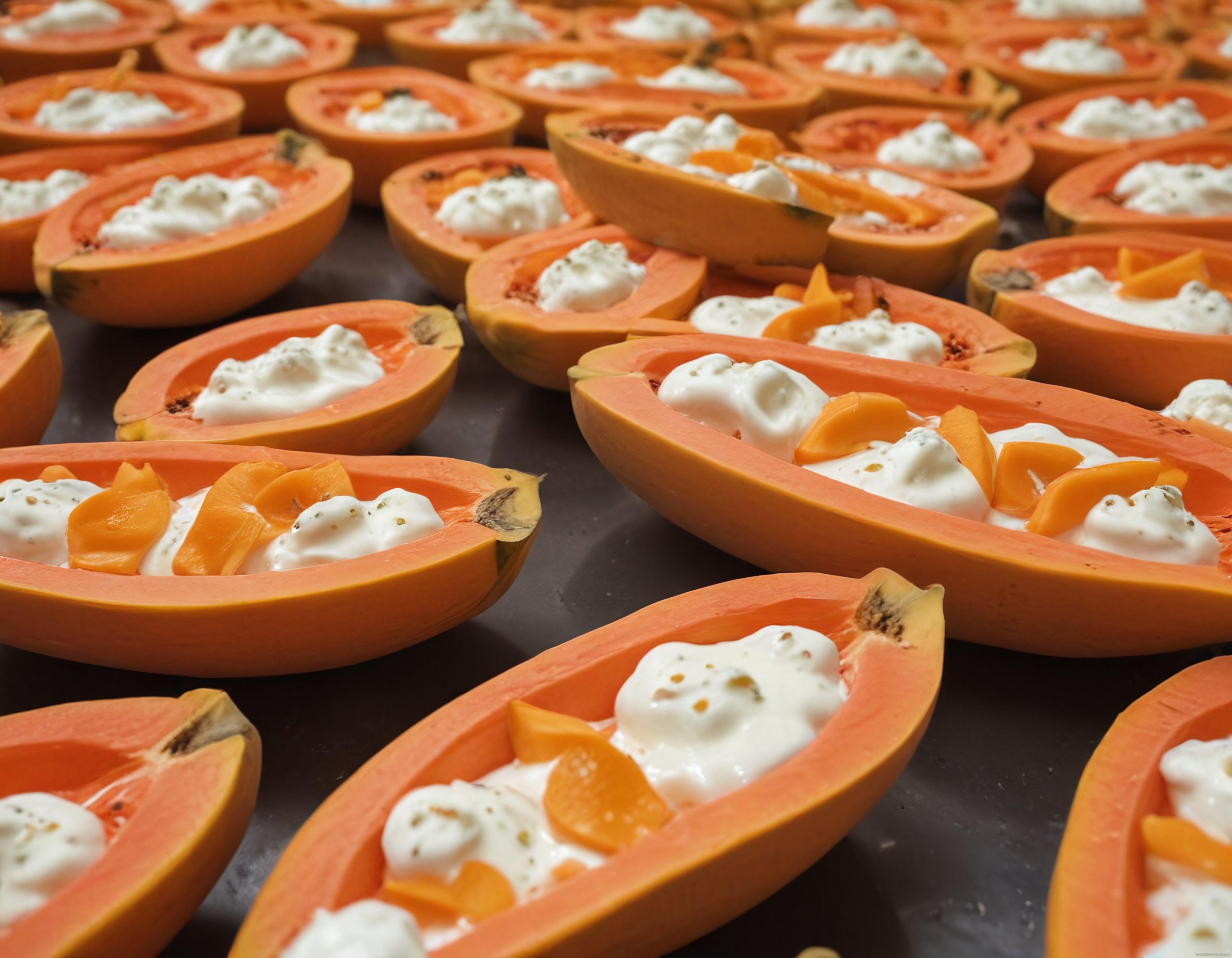 Yarım Papaya Kasesinde Yoğurtlu ve Taze Meyveli Sağlıklı Kahvaltı Sunumu