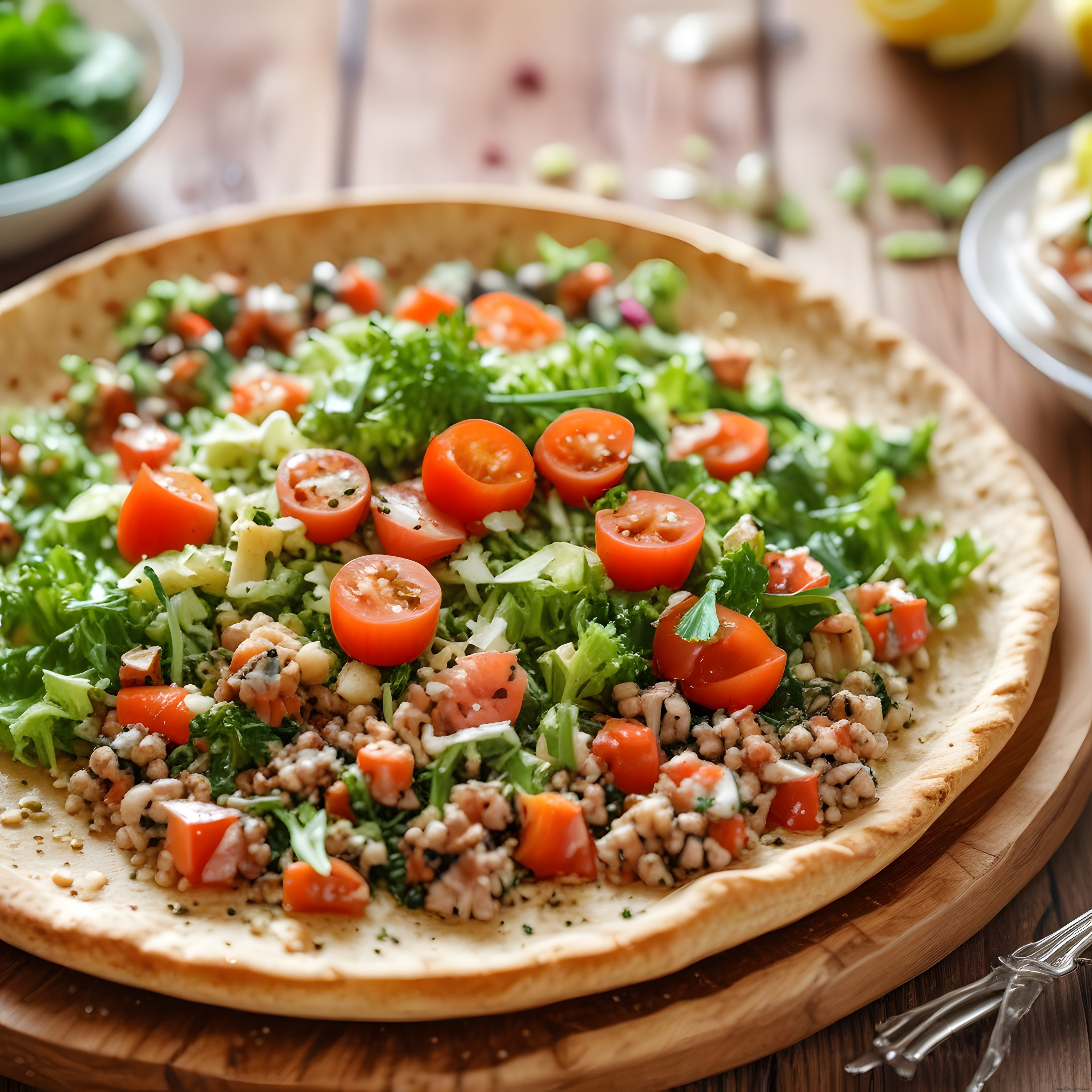 Yassı ekmeğin üzerinde bulgur, domates ve taze maydanozlu kısır
