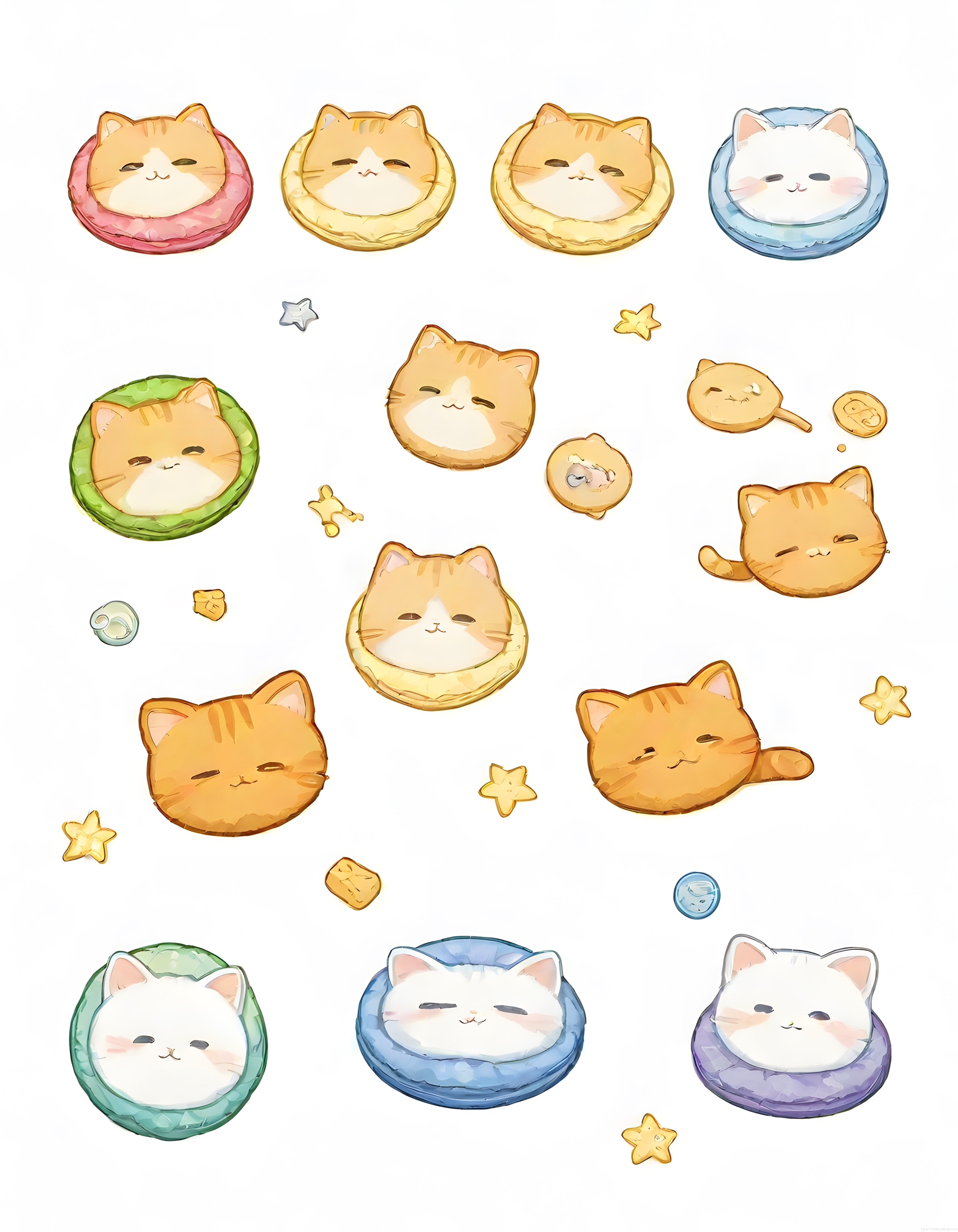 Yastıklı Tombul Kediler: Pastel Kawaii Suluboya Dijital Çizim