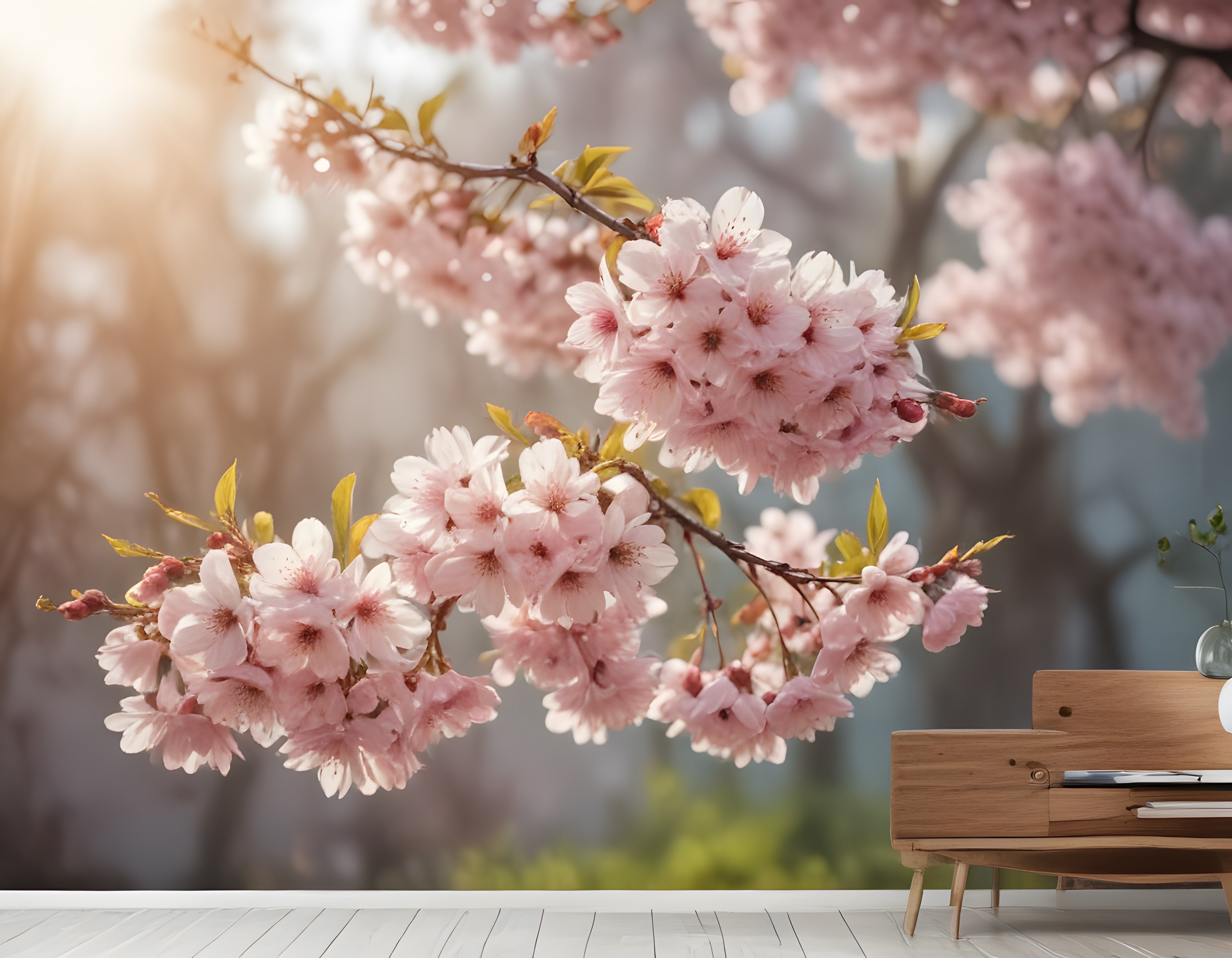 Yatak Odasında Pembe Sakura Çiçekli Duvar Kağıdı ile Huzurlu Bahar Atmosferi