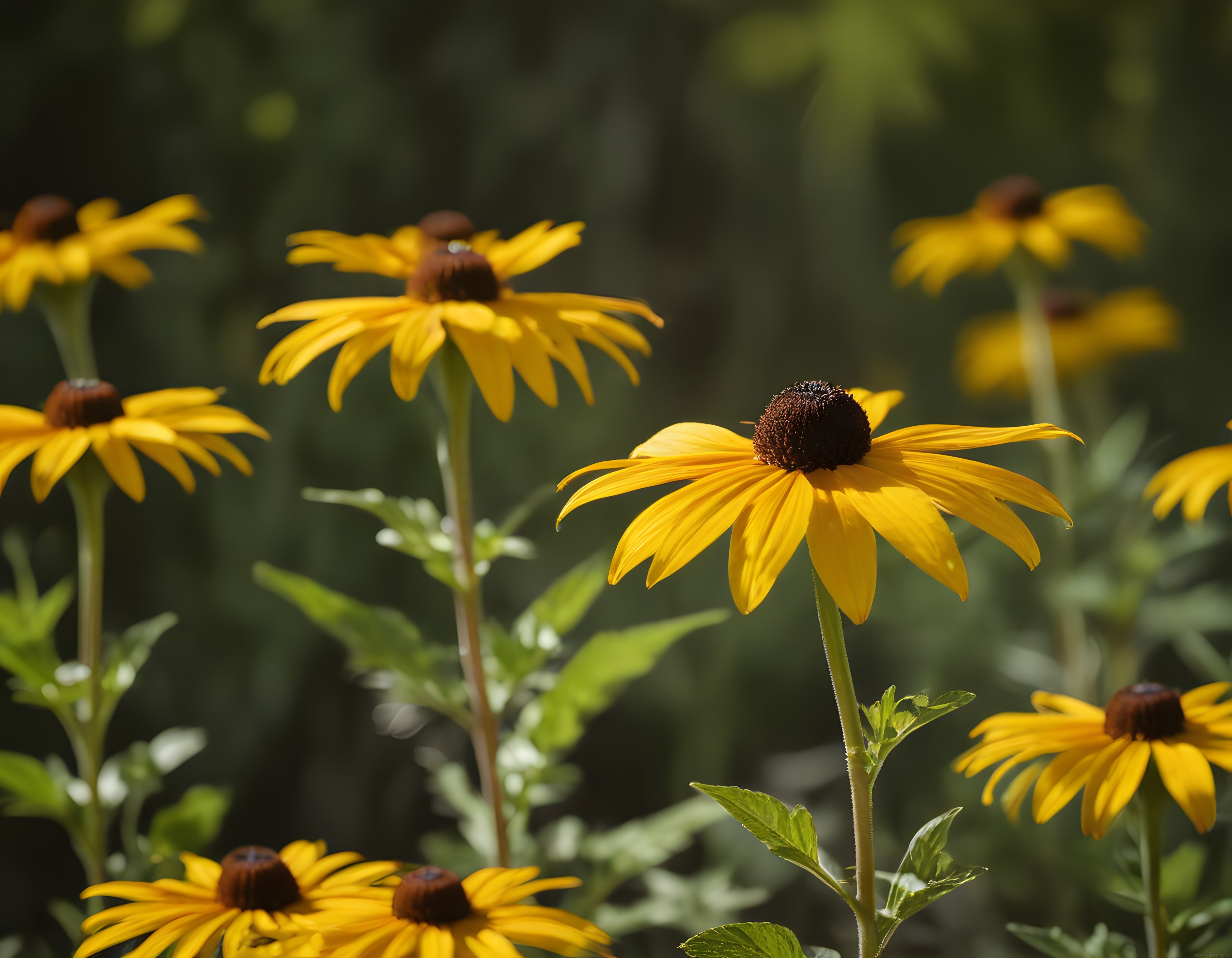 Yaz Günışığında Parıldayan Sarı Rudbeckia Çiçekleri ve Yaprakları