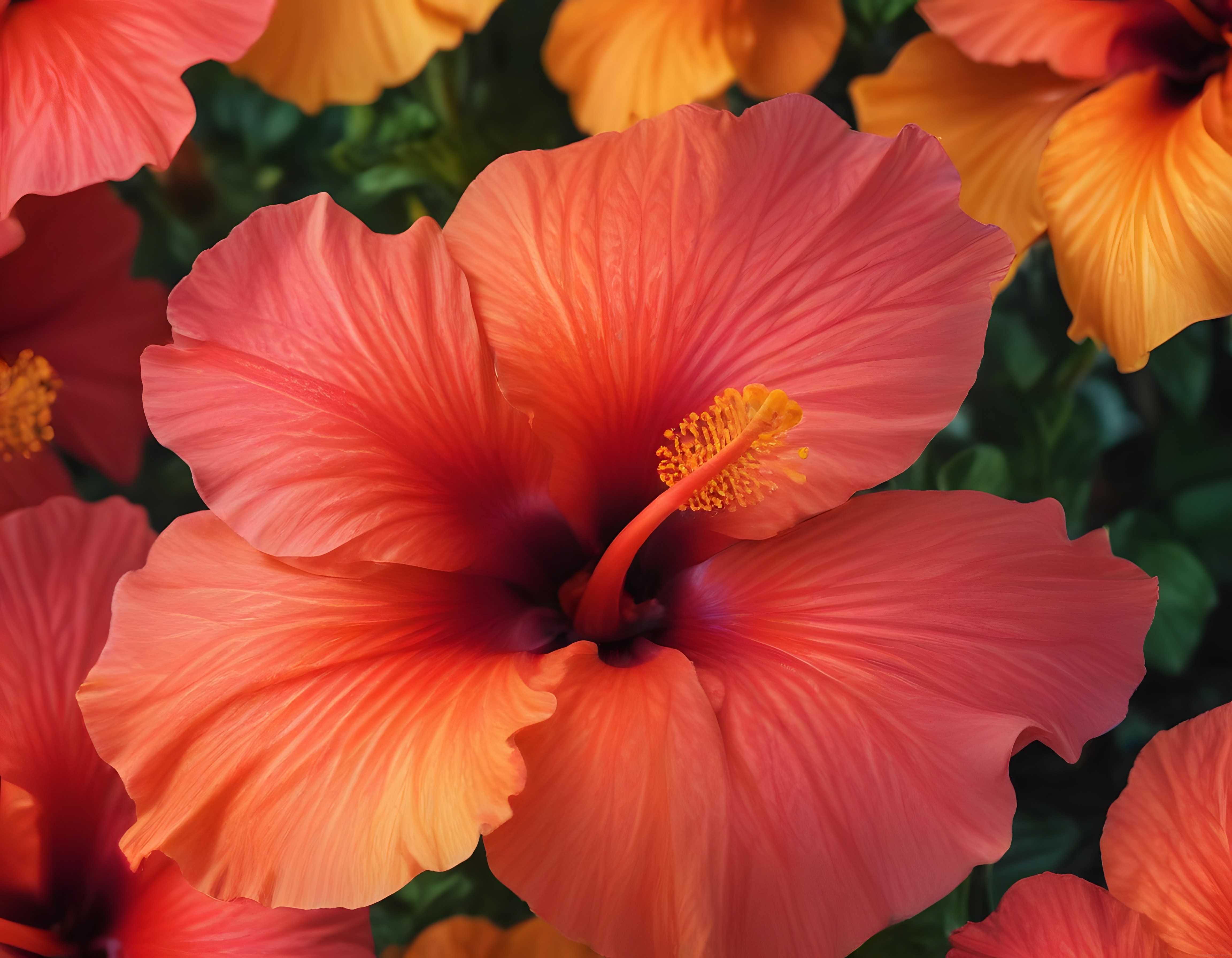 Yaz Günışığında Parlayan Turuncu Pembe Hibiskus Çiçeği Makro Fotoğrafı