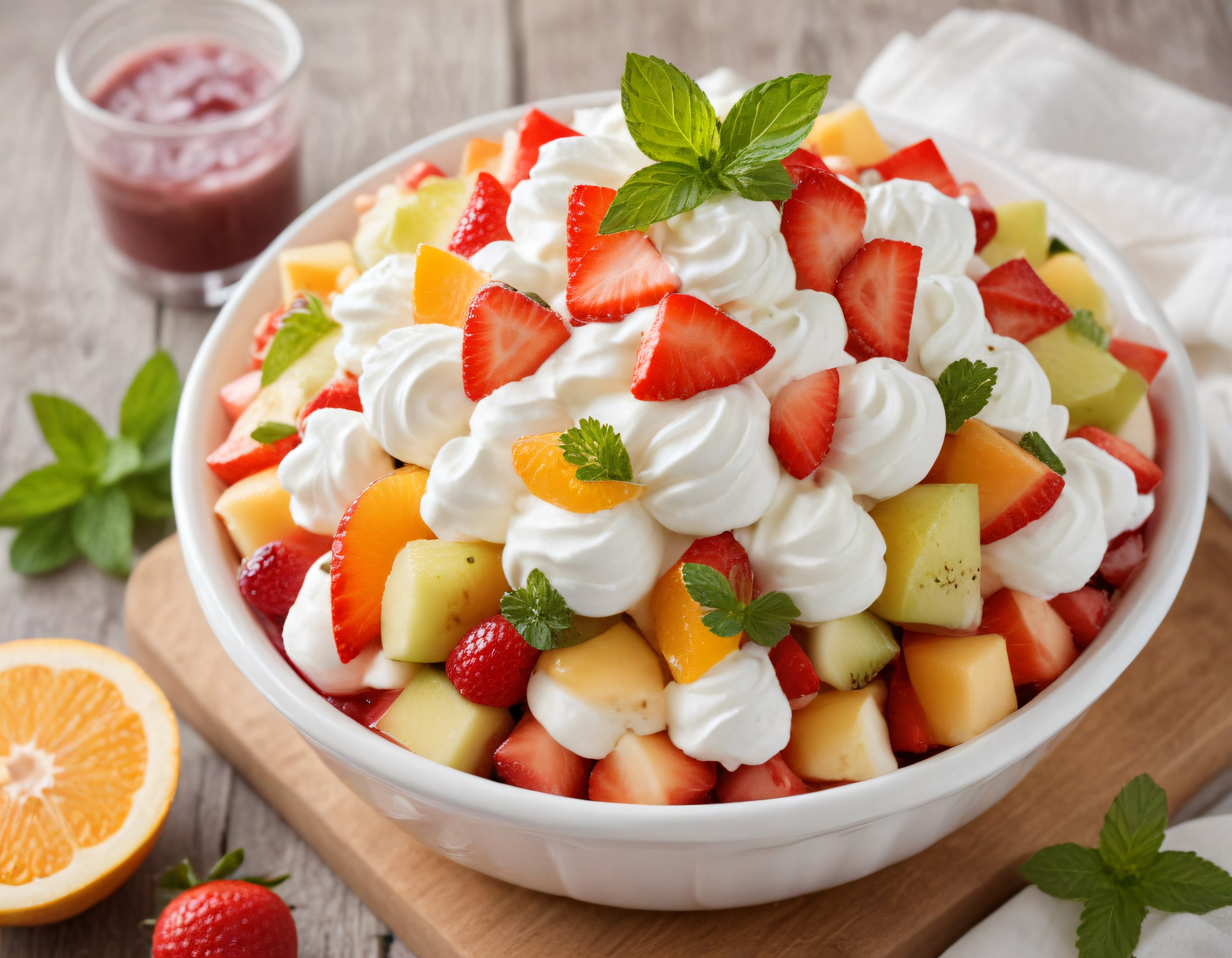 Yaz Mevsiminin Taptaze Çilekli Meyve Salatası ve Kremalı Pratik Tatlı