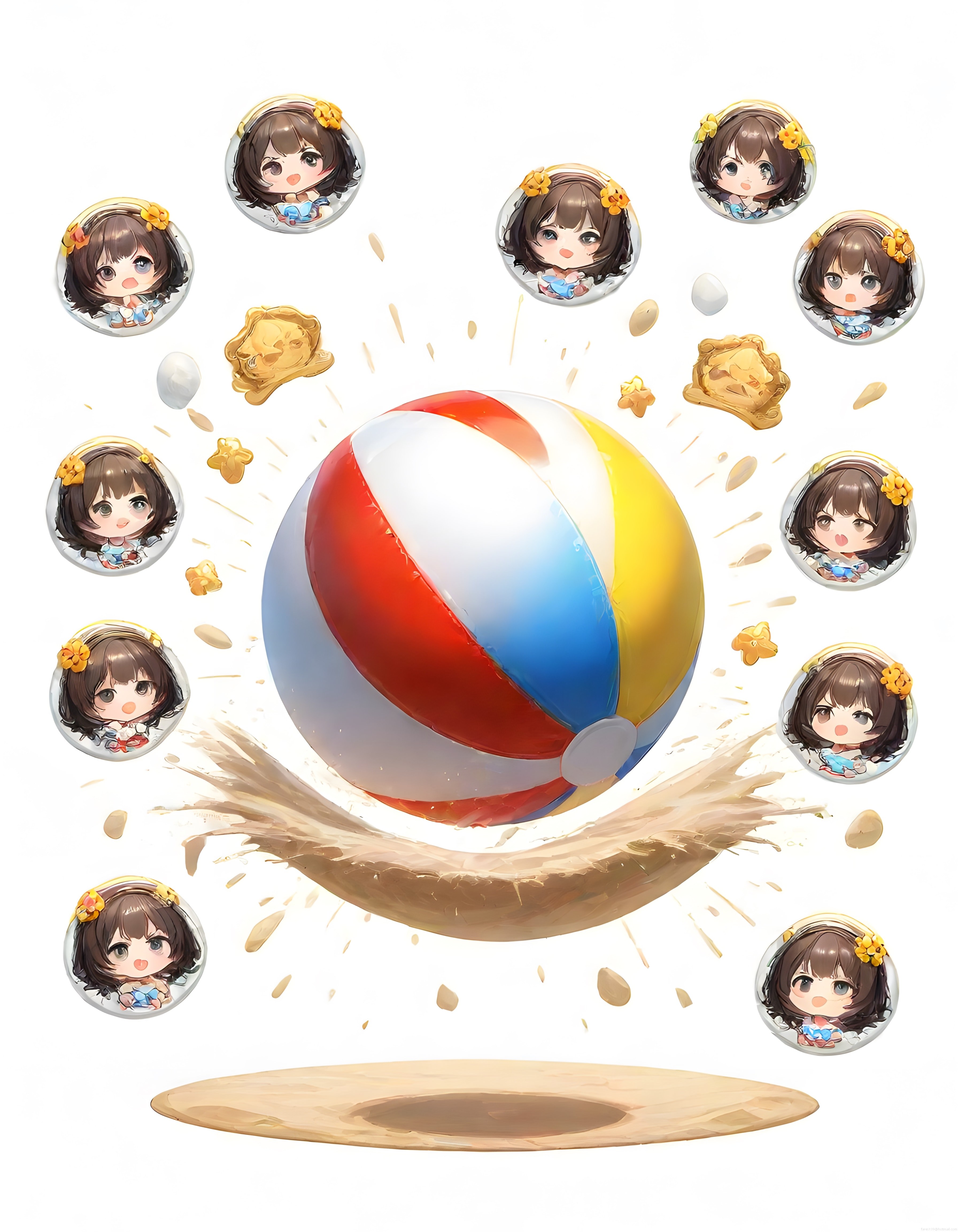 Yaz Temalı Plaj Topu ve Sevimli Chibi Anime Karakterleri Dijital Sanat Çalışması