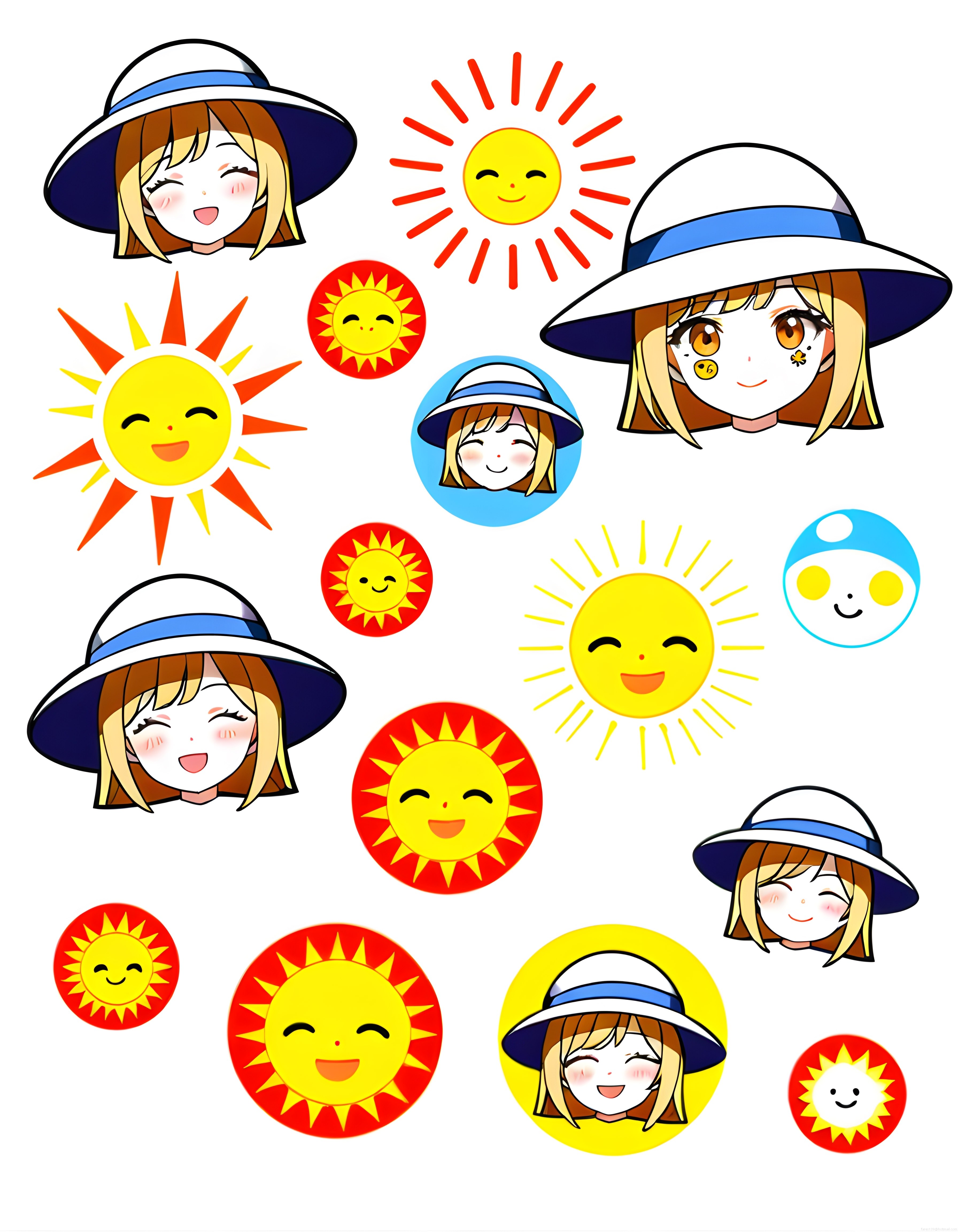 Yaz temalı sevimli anime karakterler ve güneş emojileri sticker koleksiyonu