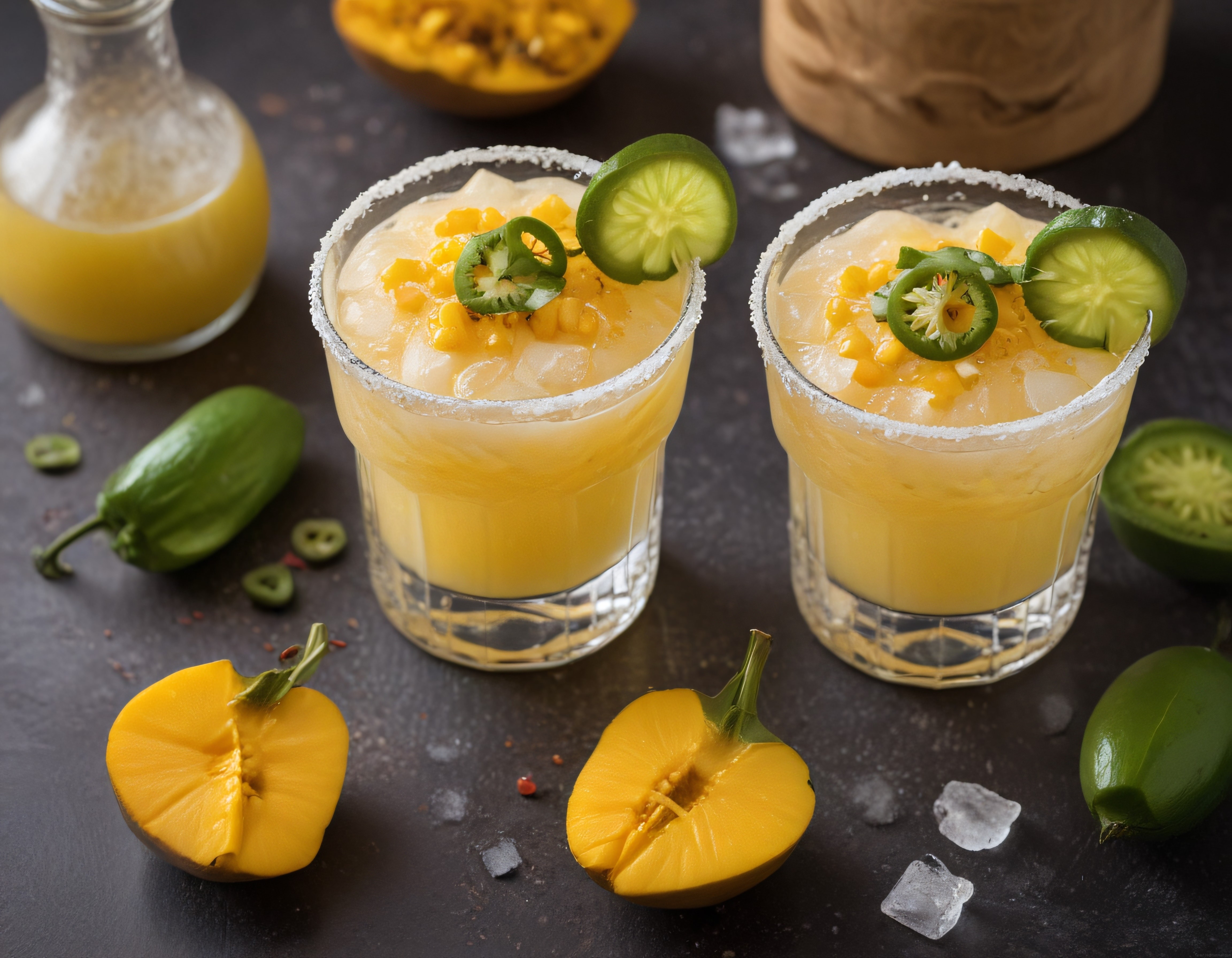 Yazın Vazgeçilmezi: Tuz Kenarlı Bardaklarda Buzlu Mango Jalapeno Aromalı Kokteyl