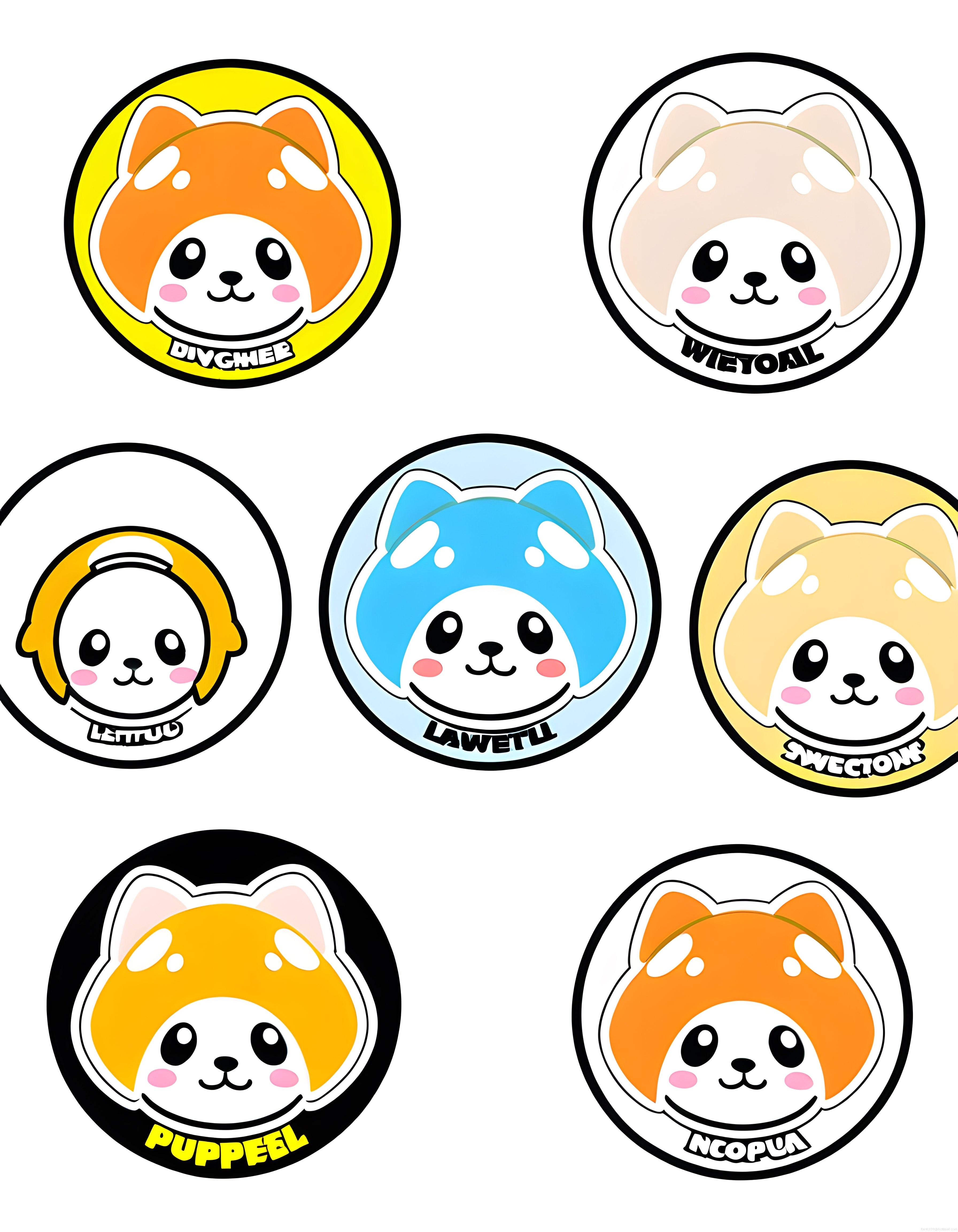 Yedi Renkte Sevimli Kawaii Maskot: Yuvarlak Çerçeveli Karakter Logo Seti