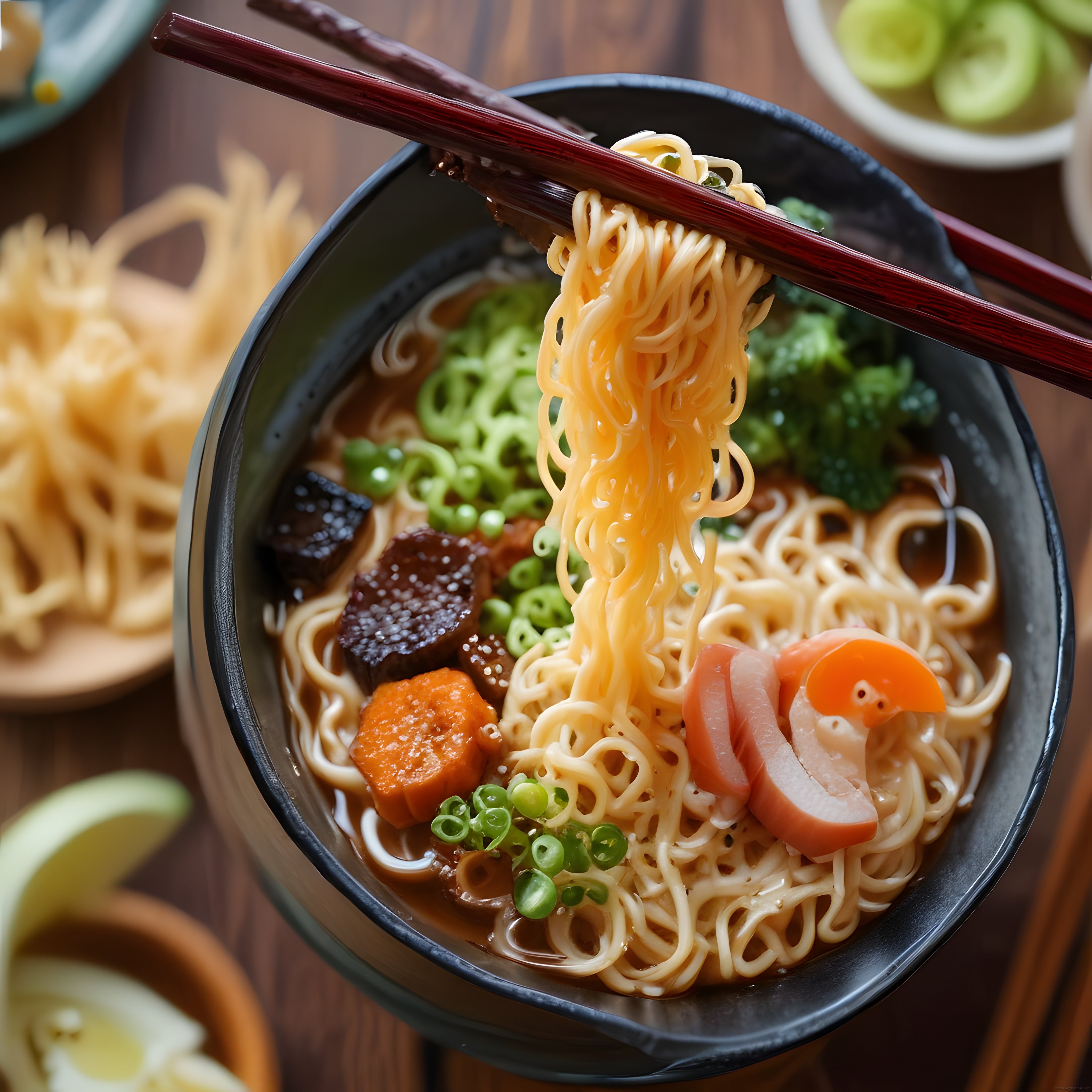 Yemek çubuklarıyla kaldırılan ramen erişteleri ve sebzeli Japon noodle kasesi