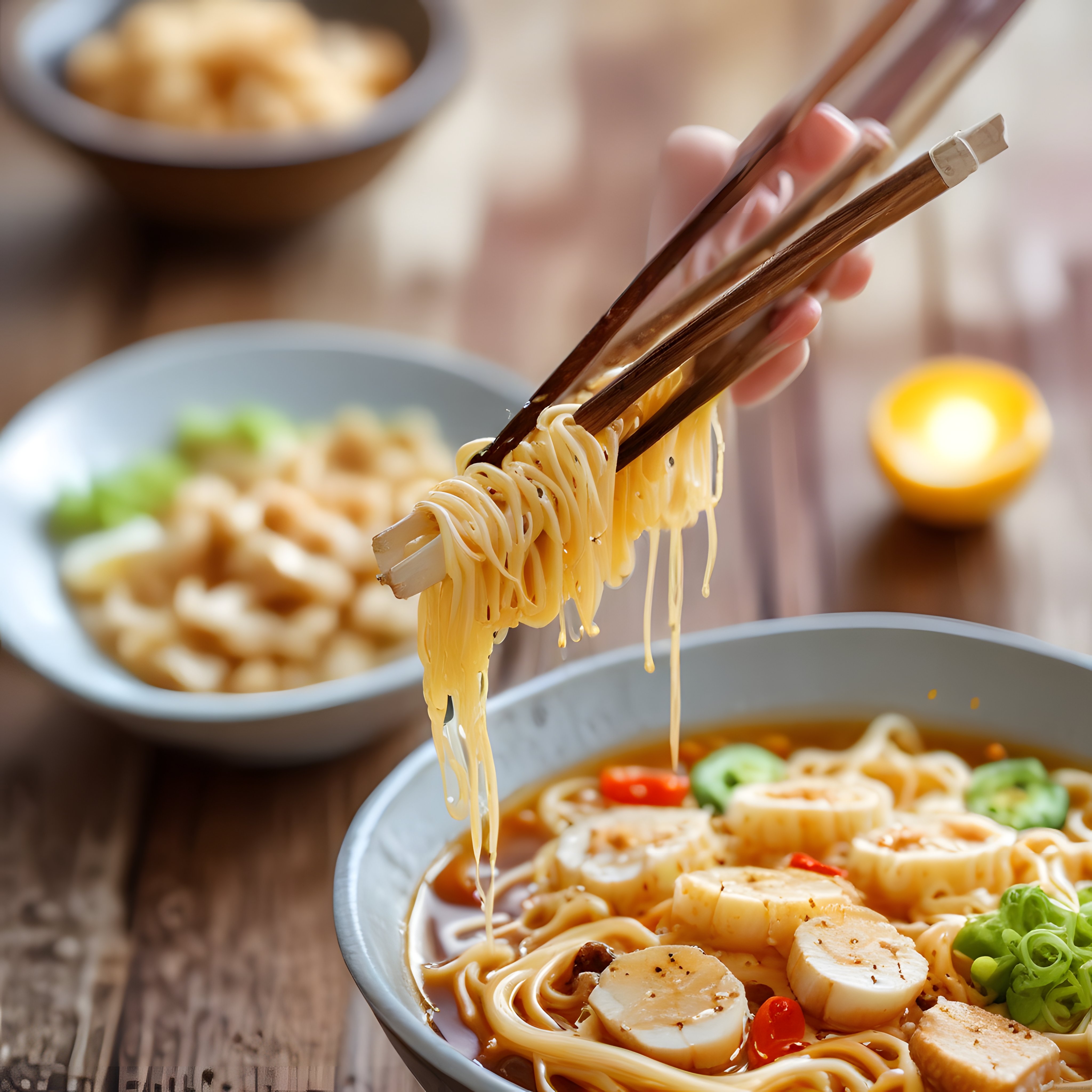 Yemek Çubuklarıyla Kaldırılan Sıcak Ramen ve Baharatlı Çorba Sunumu