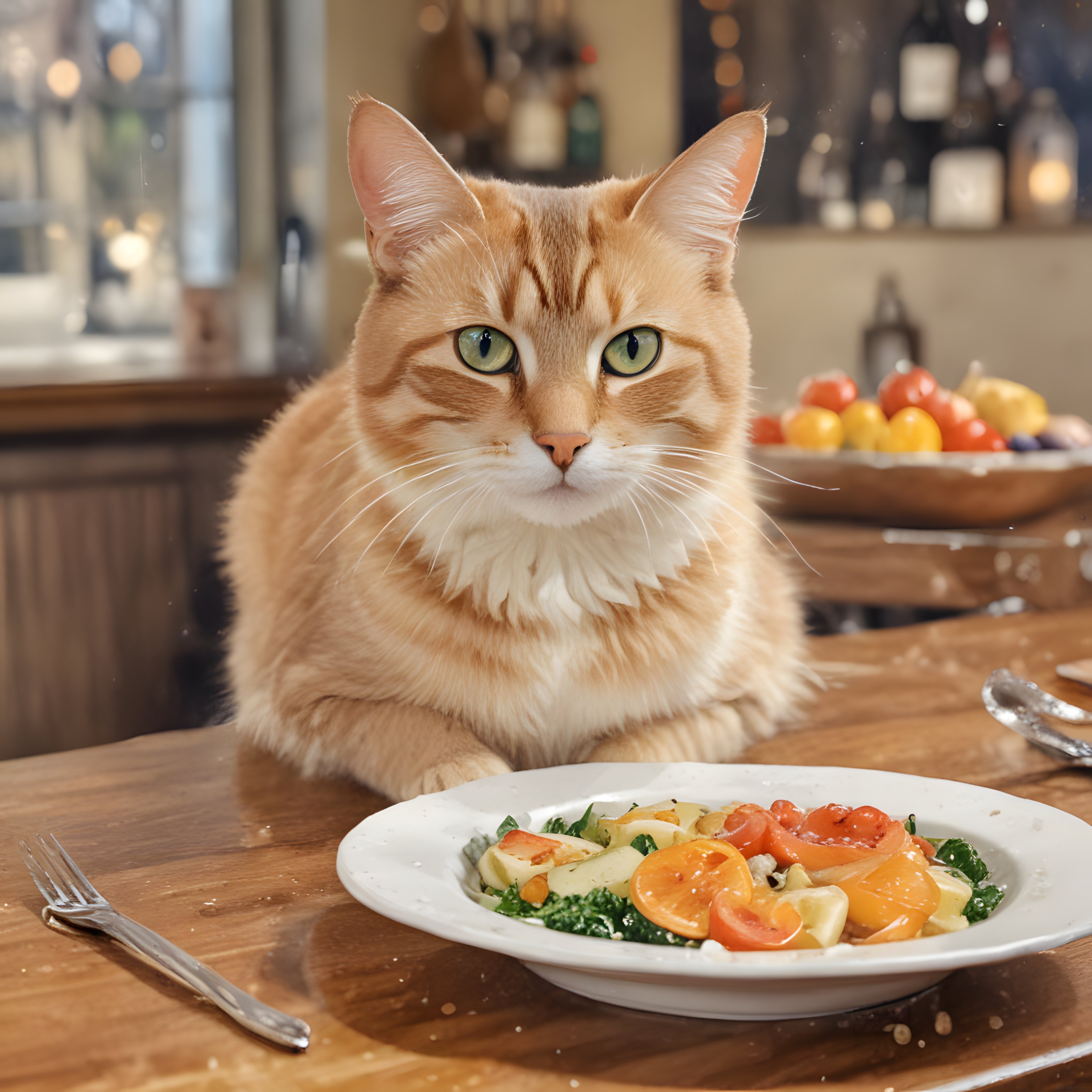 Yemek masasında oturan sarı kedi ve önündeki makarna tabağı manzarası