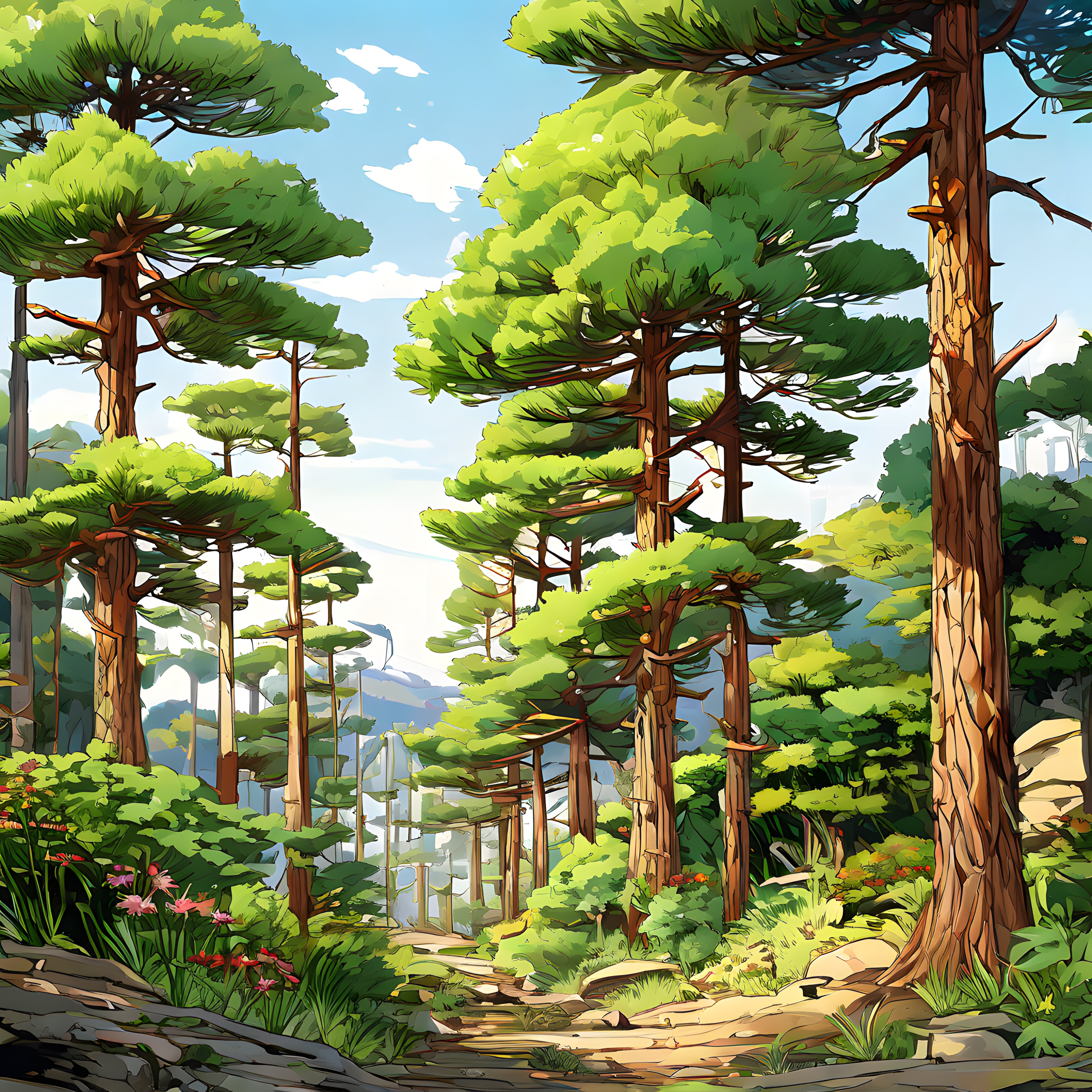 yemyeşil ağaçlarla çevrili anime stili orman manzarası ve taşlı patika