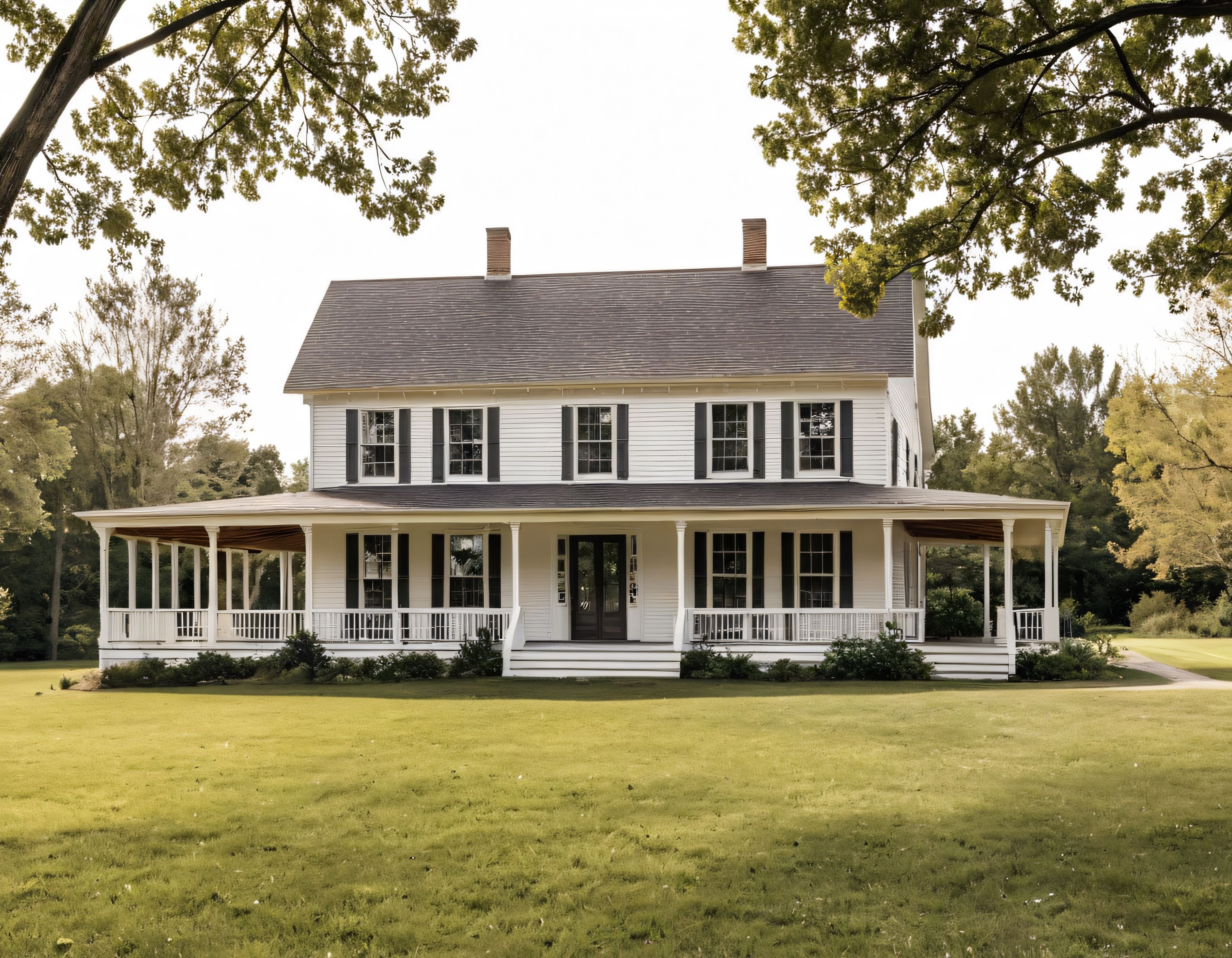 Yemyeşil Bahçe İçinde Geniş Verandalı Beyaz Klasik Amerikan Tarzı Çiftlik Evi