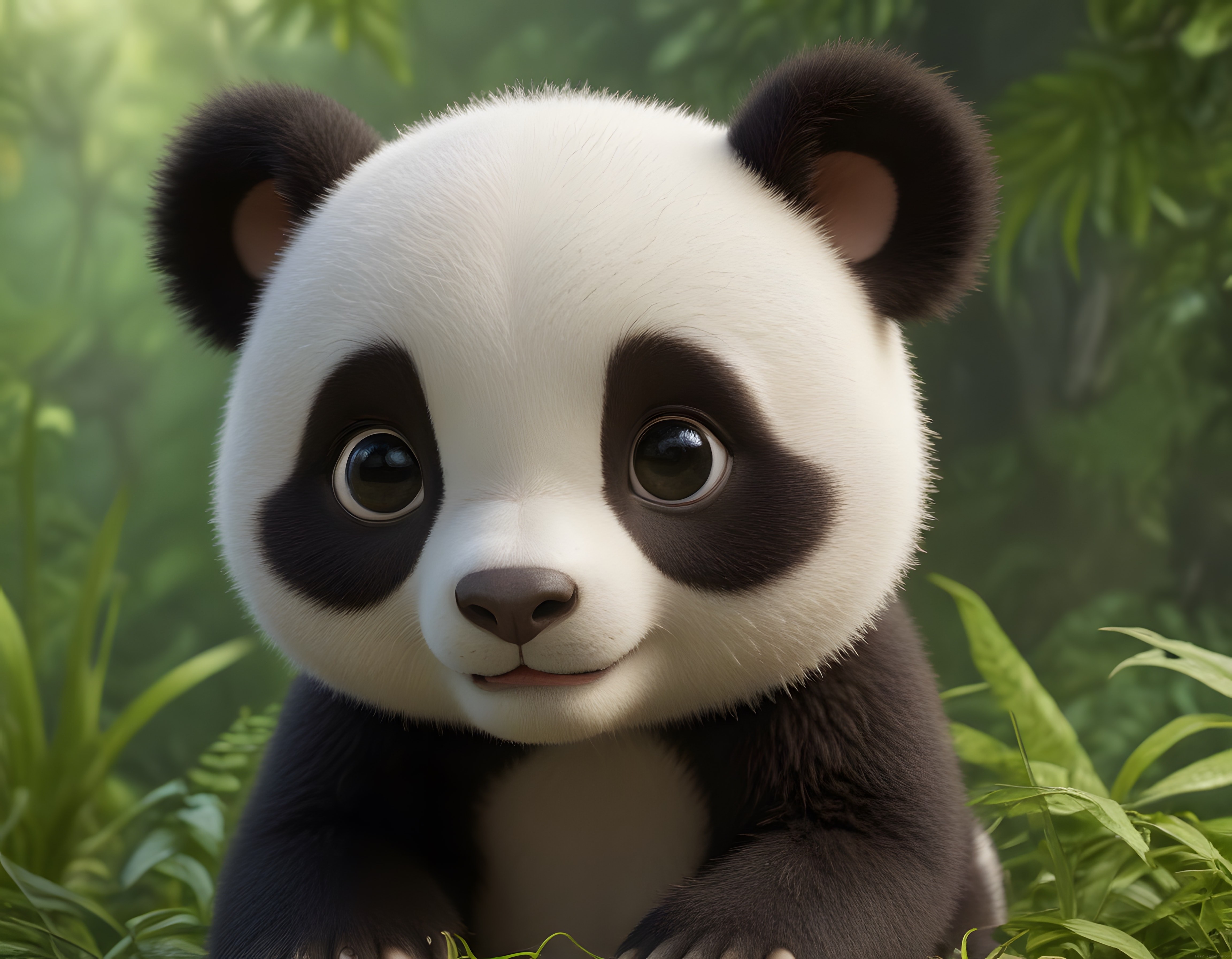 Yemyeşil bitkiler arasında sevimli bebek panda 3d animasyon karakteri portresi