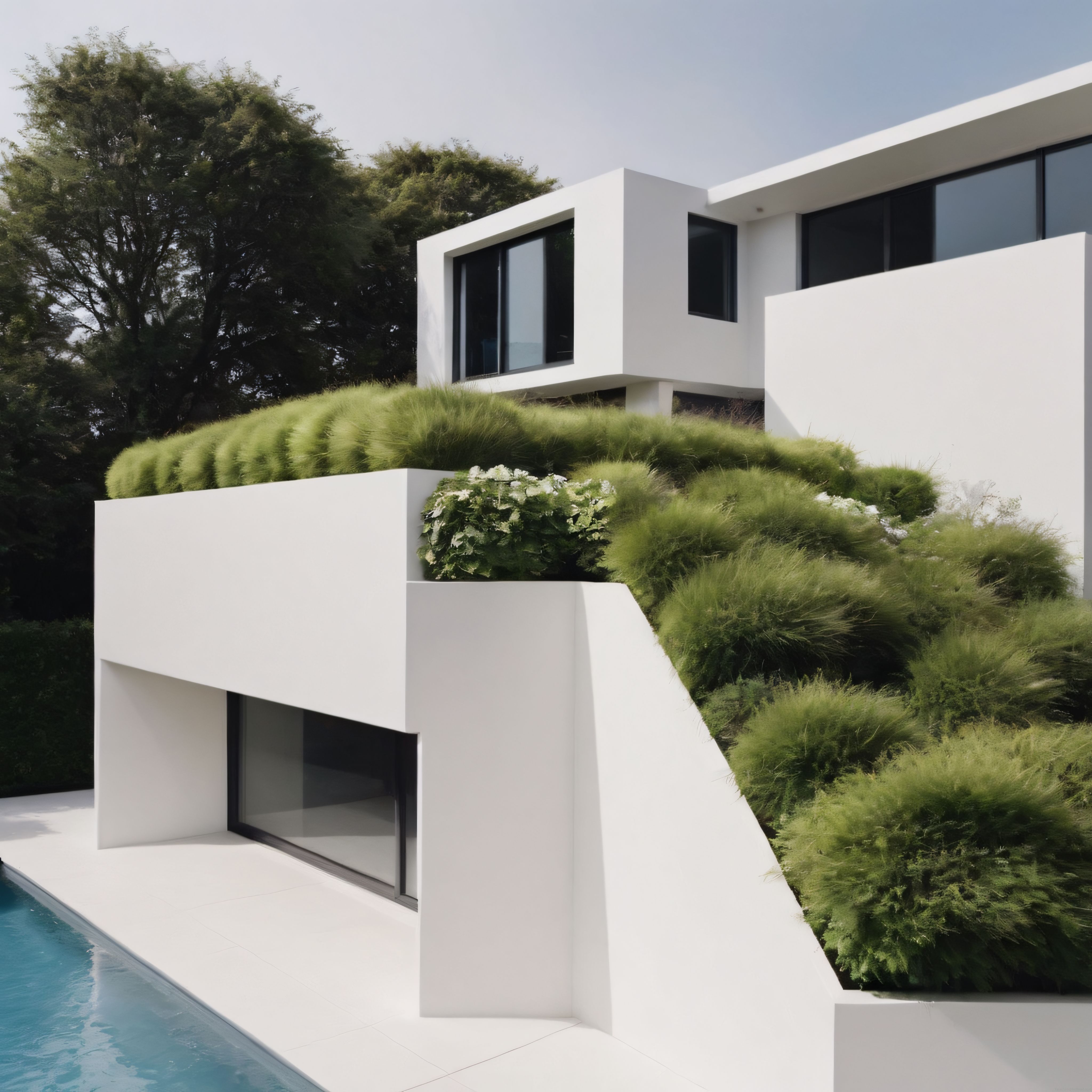 Yemyeşil Çatı Bahçesiyle Çevre Dostu Modern Beyaz Villa ve Yüzme Havuzu