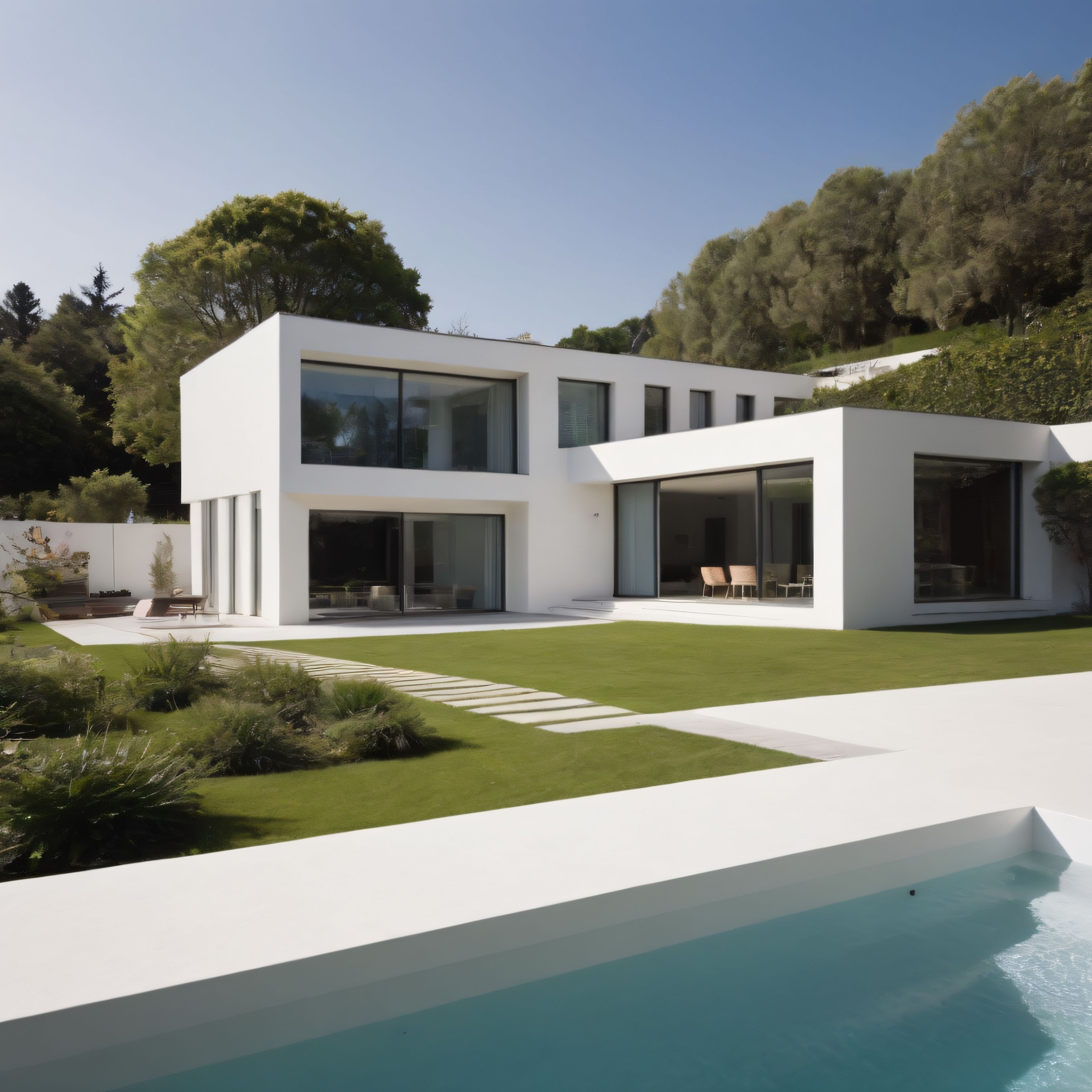 Yemyeşil Doğa İçinde Beyaz Modern Villa ve Sonsuzluk Havuzu Tasarımı