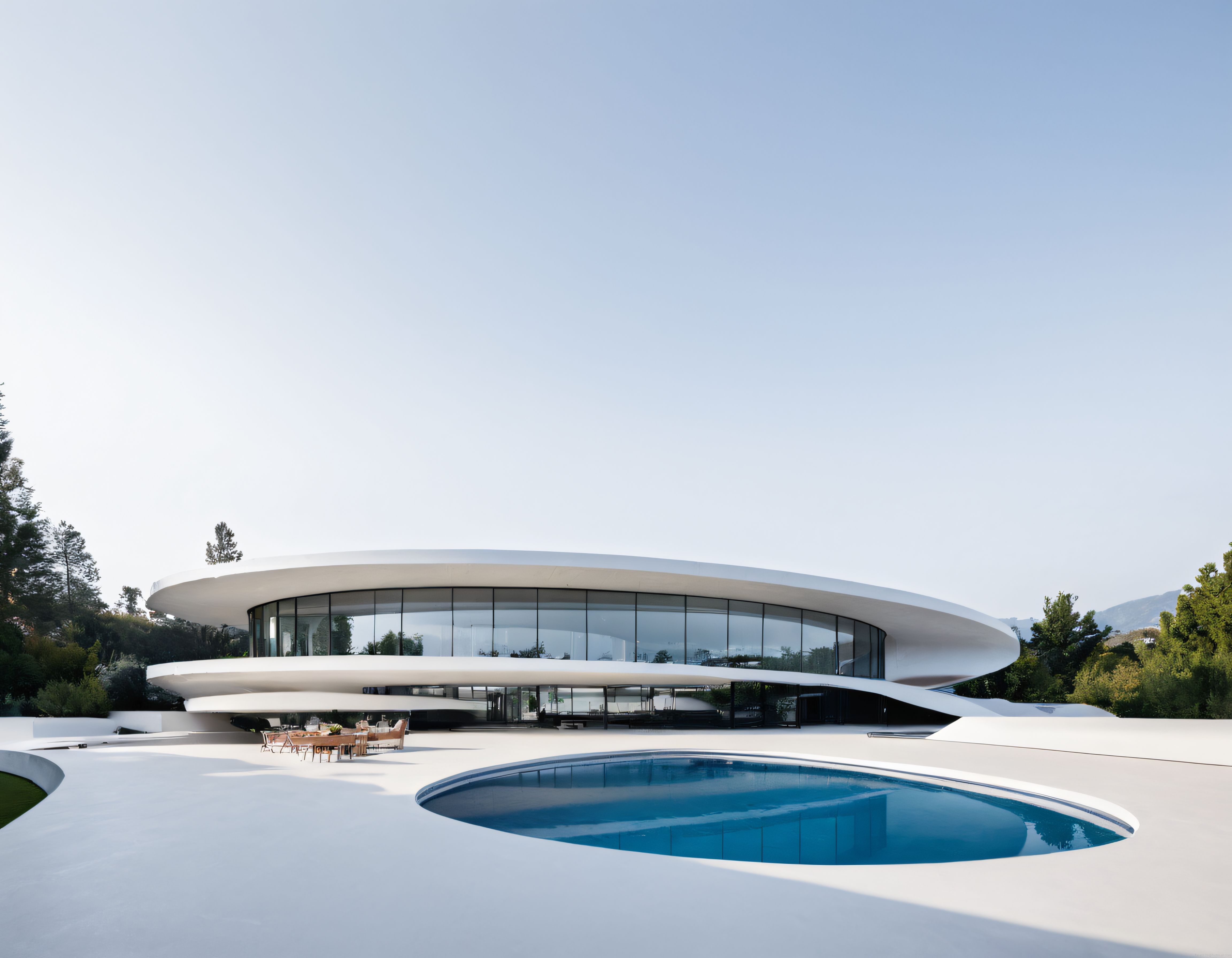Yemyeşil doğa içinde süzülen ufo şeklinde modern cam villa ve mavi havuz