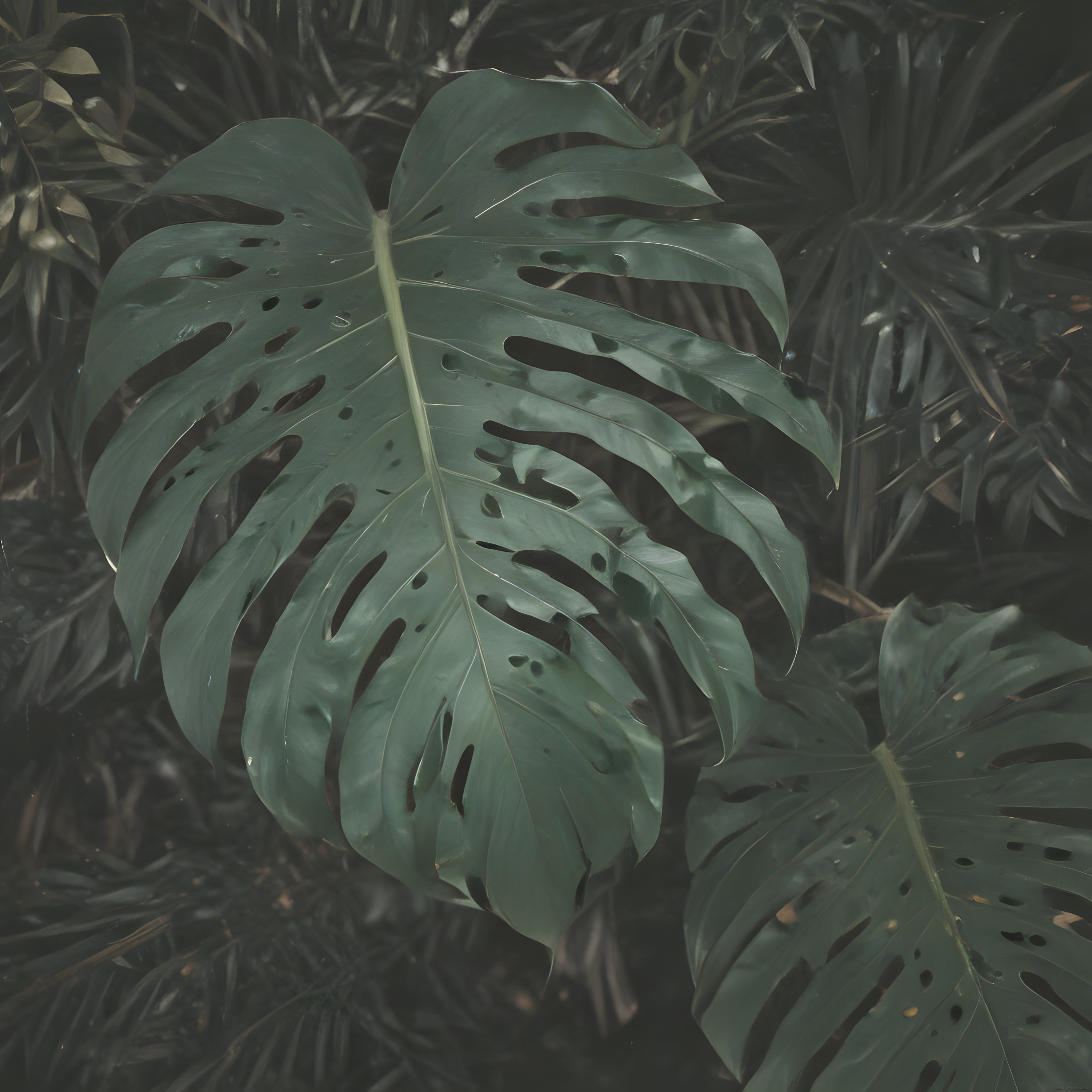 Yemyeşil Monstera Yaprağının Loş Tropik Ormandaki Büyüleyici Detayları