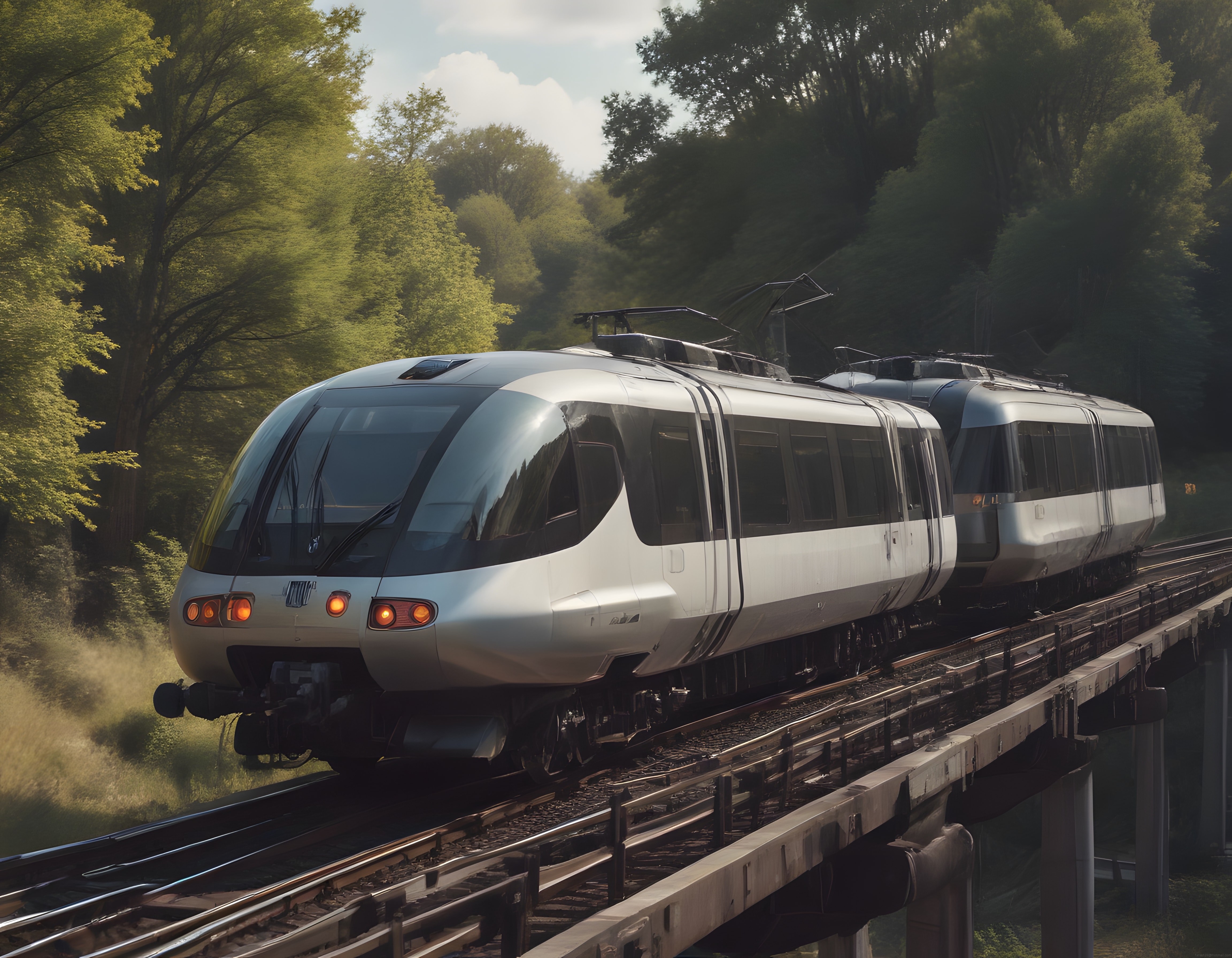 Yemyeşil Orman Manzaralı Modern Yüksek Hızlı Tren ve Köprü Üzerinde Yolculuk