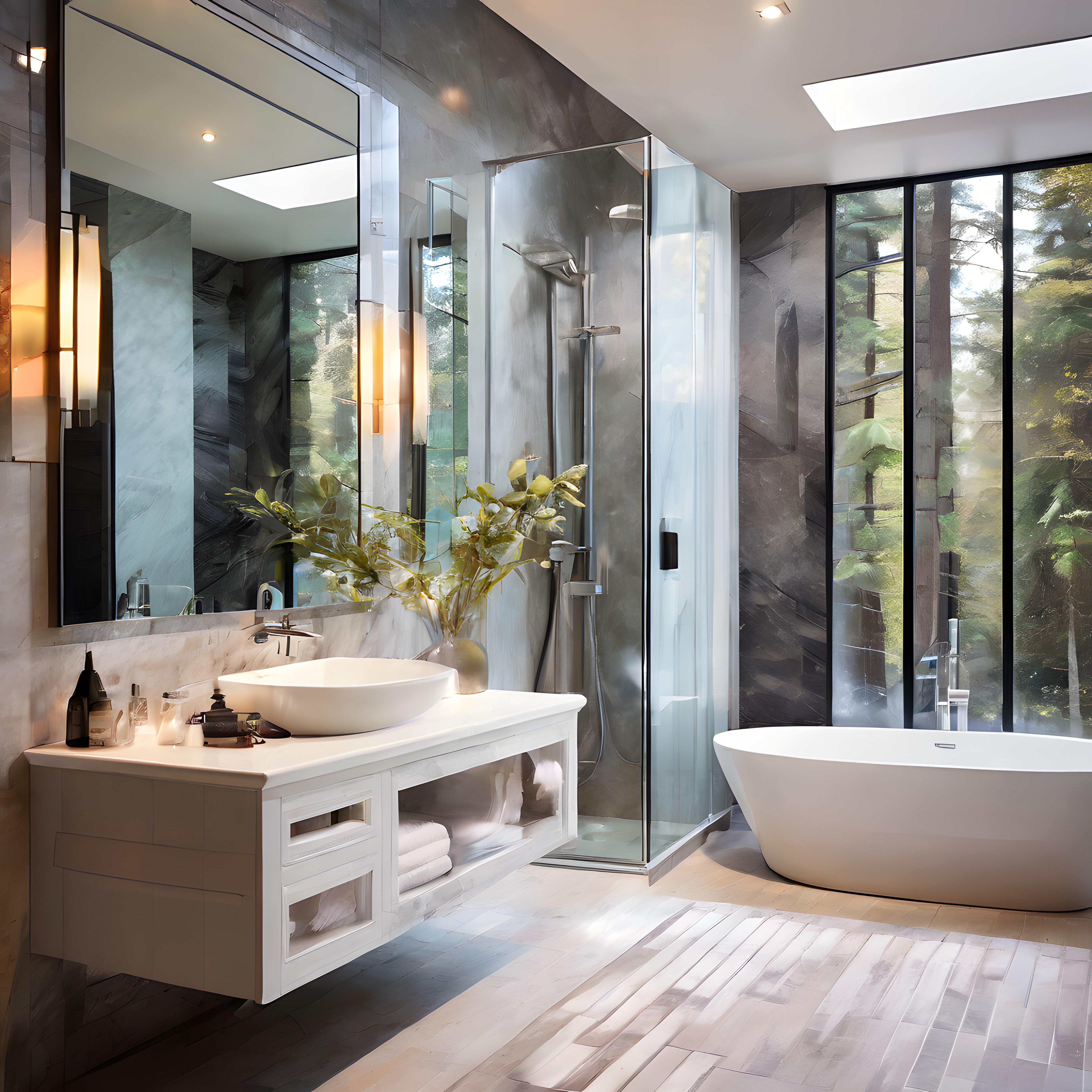 Yemyeşil Orman Manzaralı ve Doğal Taşlı Lüks Modern Banyo Tasarımı