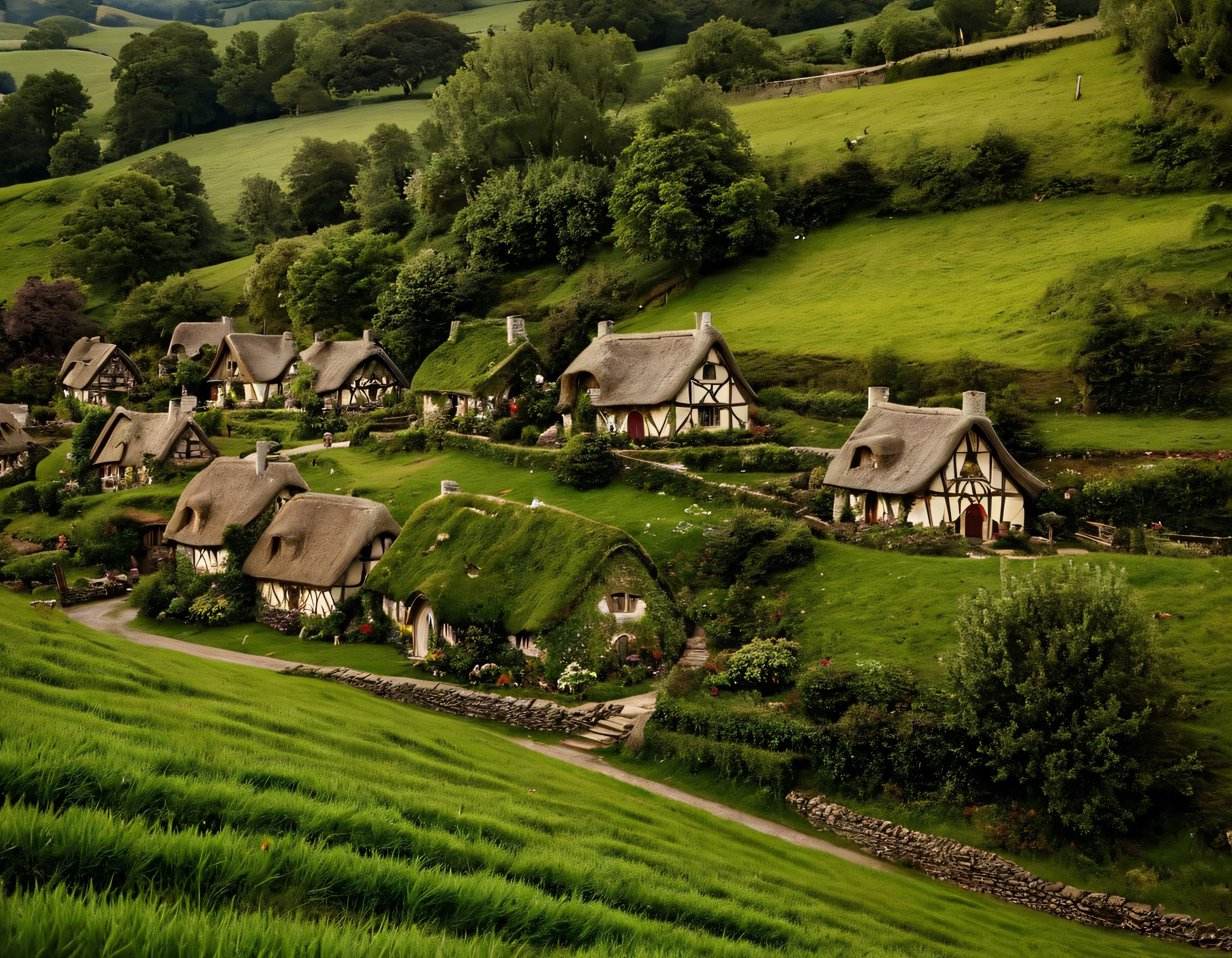 Yemyeşil Tepelerdeki Masalsı Hobbit Evleri ve Büyüleyici Doğa Manzarası