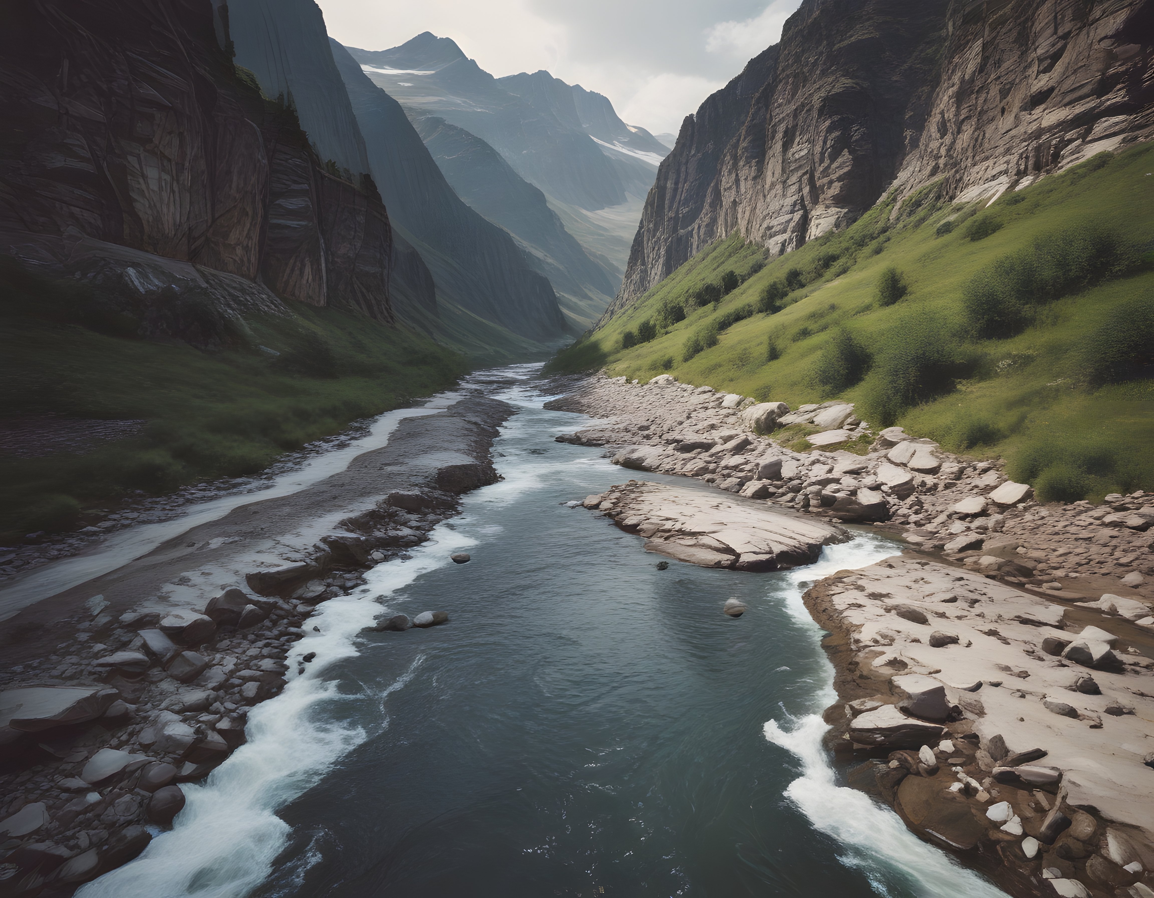 Yemyeşil Vadi İçinden Süzülen Büyüleyici Dağ Nehri ve Kayalar