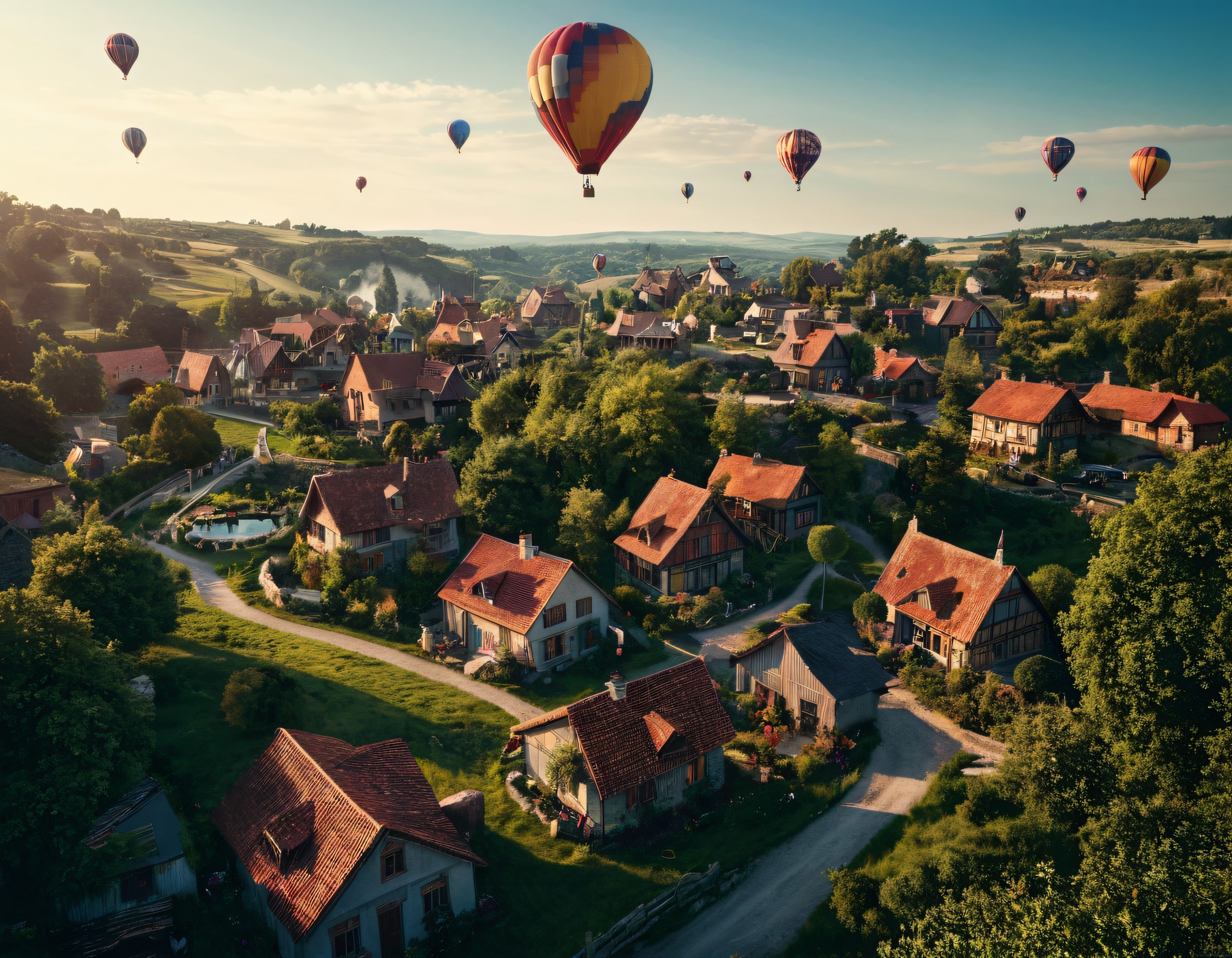 Yemyeşil Vadide Renkli Sıcak Hava Balonları ve Gün Doğumu Işığındaki Masalsı Köy