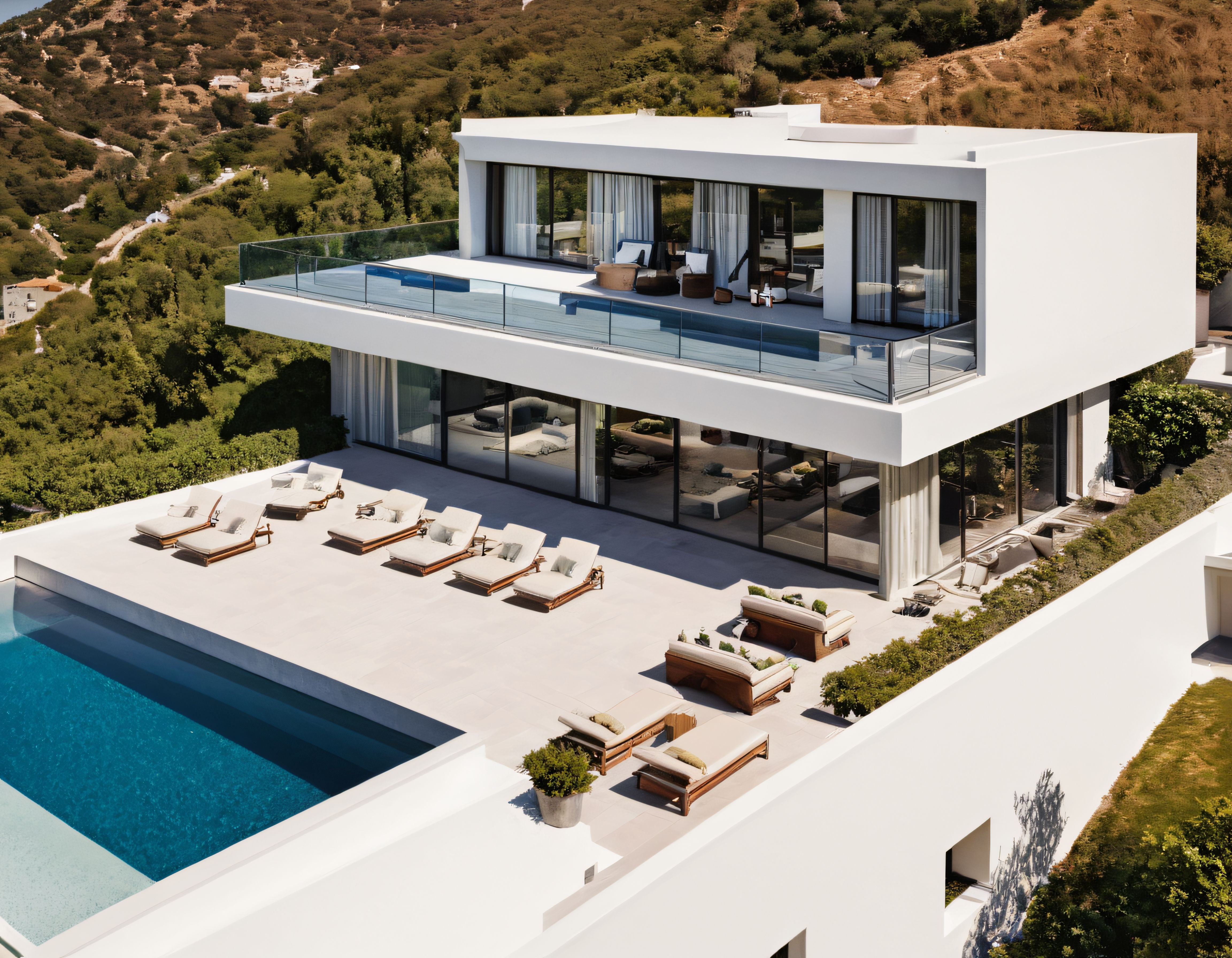 Yemyeşil Yamaçta Cam Cepheli Beyaz Modern Villa ve Havuz Keyfi