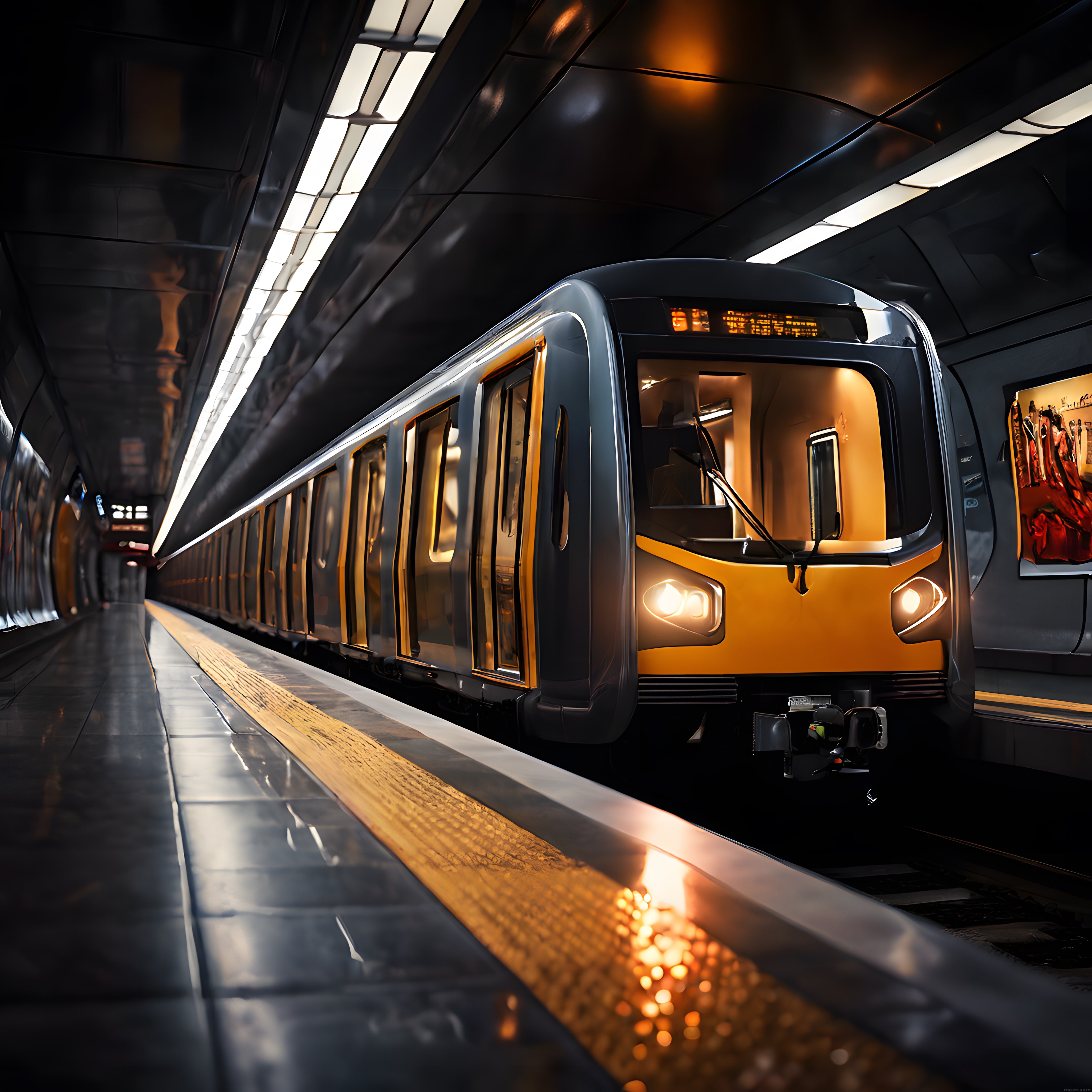 Yeraltı metro istasyonunda duran ışıklı turuncu vagon ve modern kıvrımlı mimari