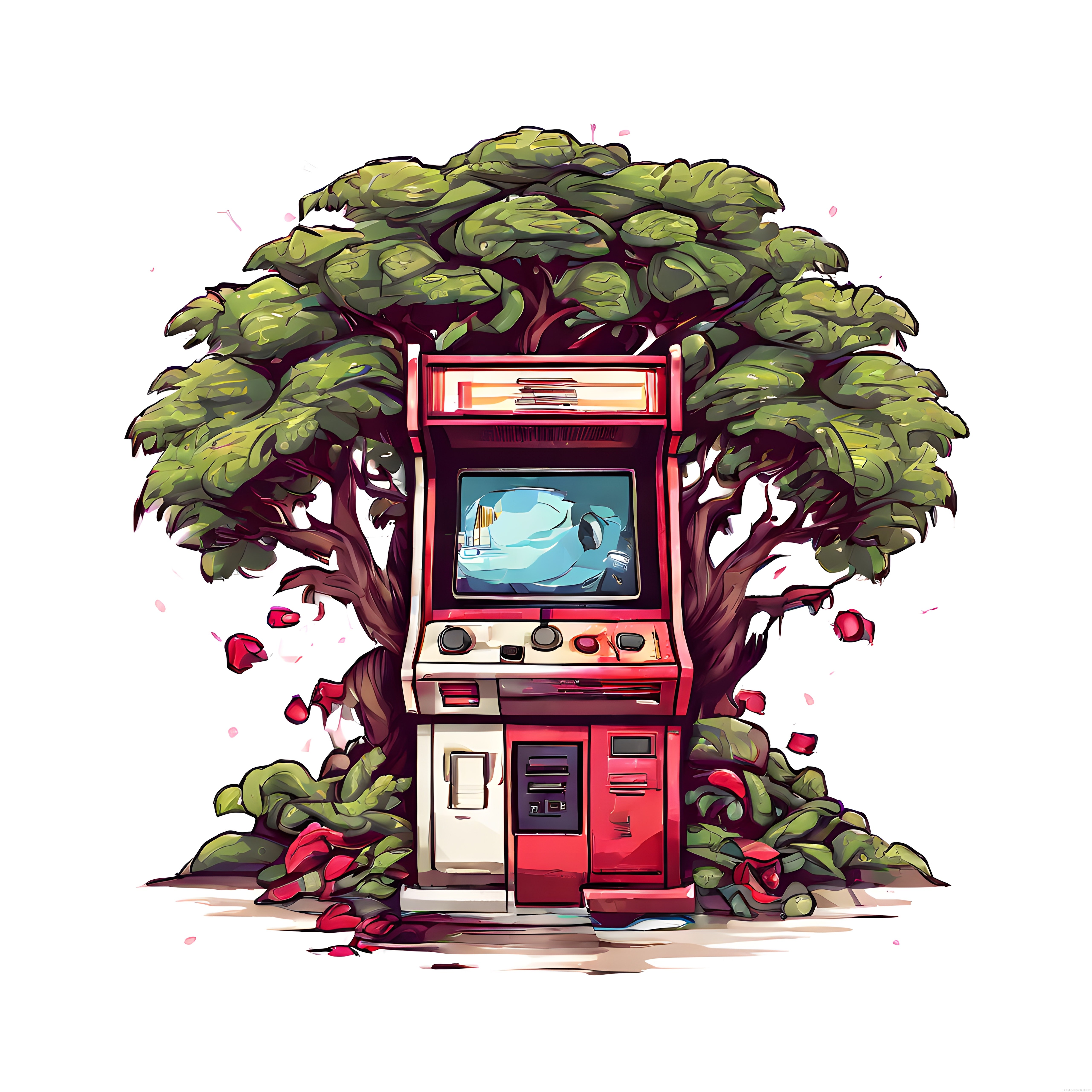 Yeşil ağacın dibinde retro arcade oyun makinesi suluboya illüstrasyon