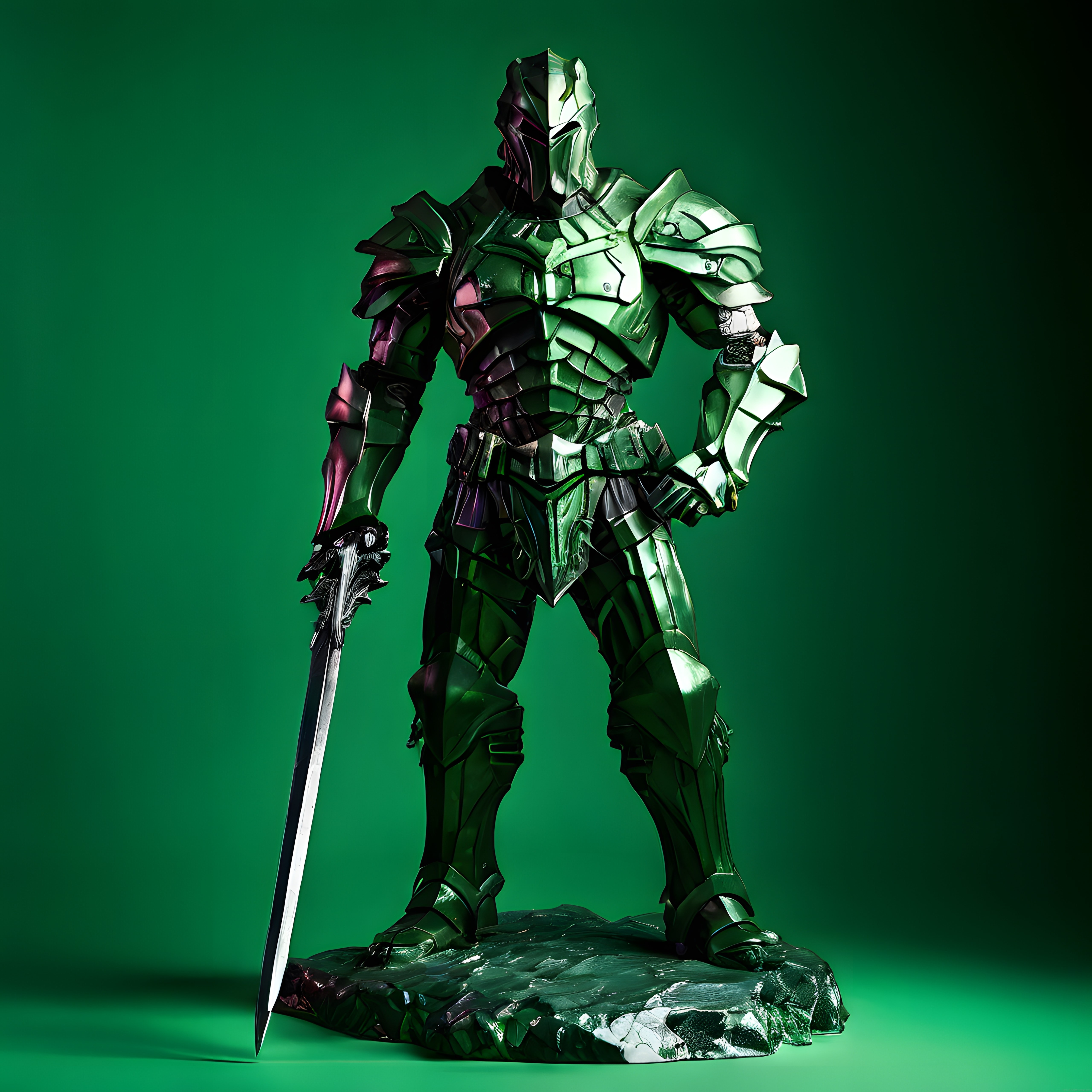 Yeşil Arka Planda Parlak Metal Zırhlı Fantastik Şövalye 3D Dijital Tasarım