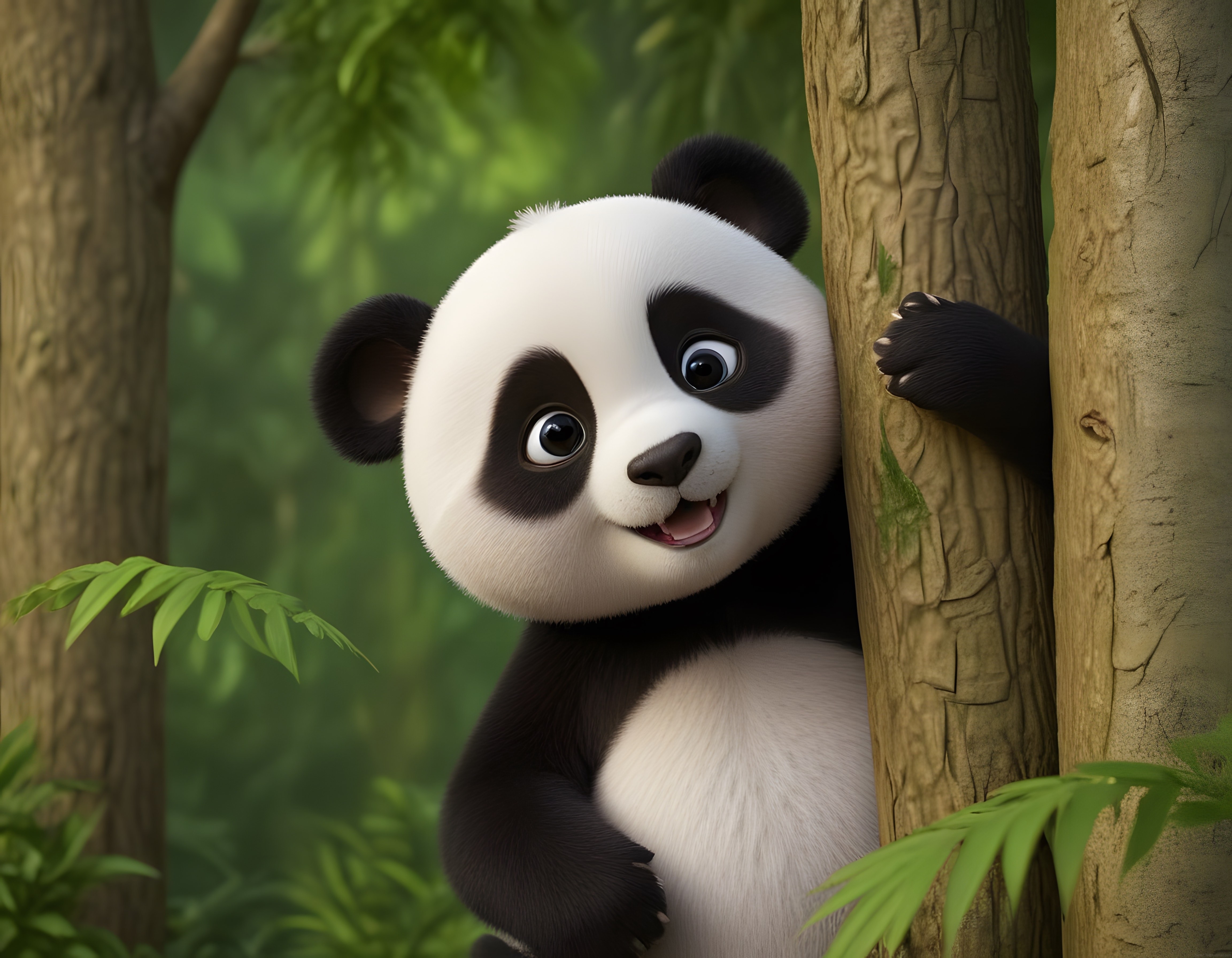 Yeşil Bambu Ormanında Ağaçların Arasından Gülümseyen Sevimli 3D Panda Yavrusu