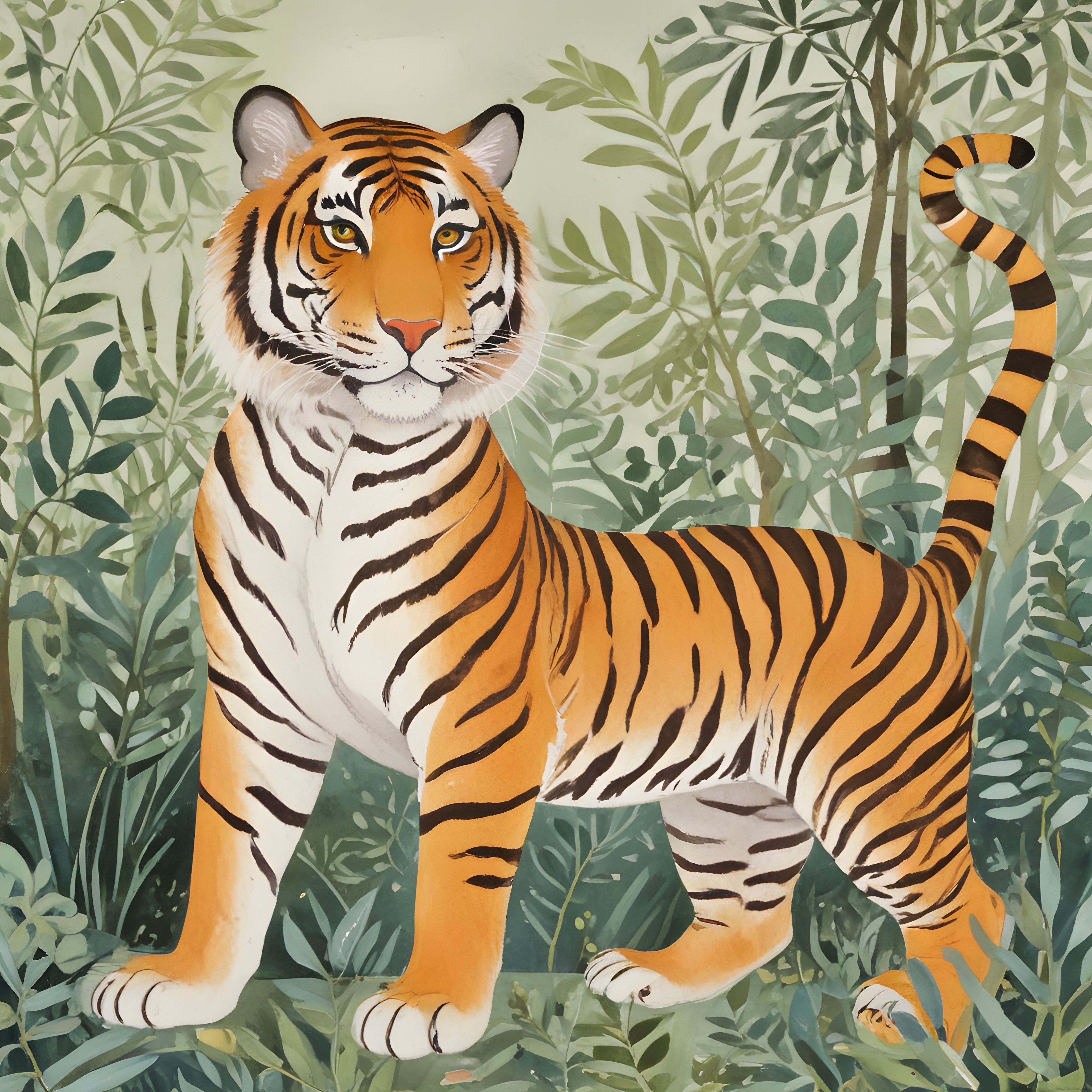 Yeşil Bambu Ormanında Duruşan Bengal Kaplanı Sanatsal Çizim