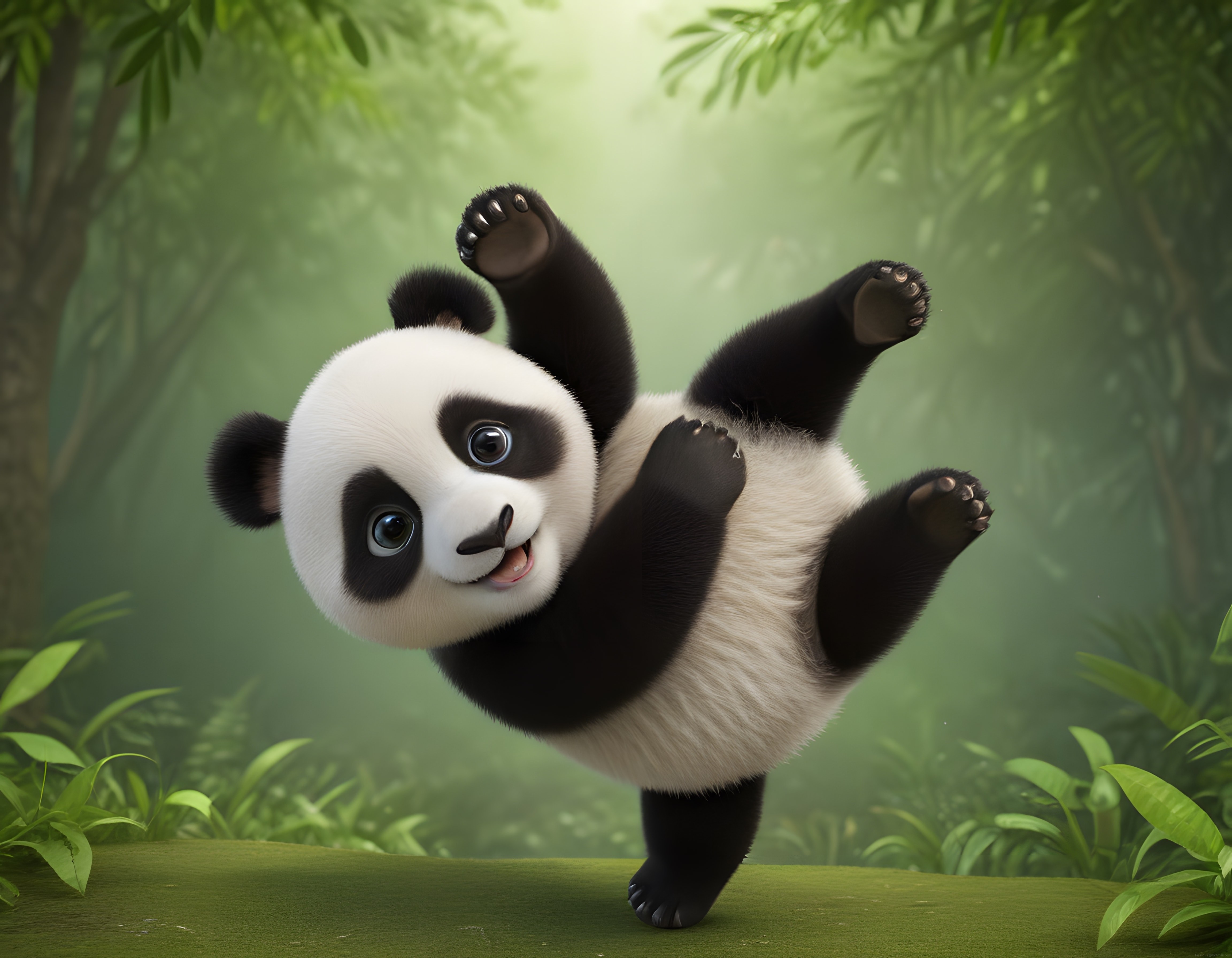 Yeşil Bambu Ormanında Tek Ayak Üzerinde Dans Eden Sevimli Panda Yavrusu