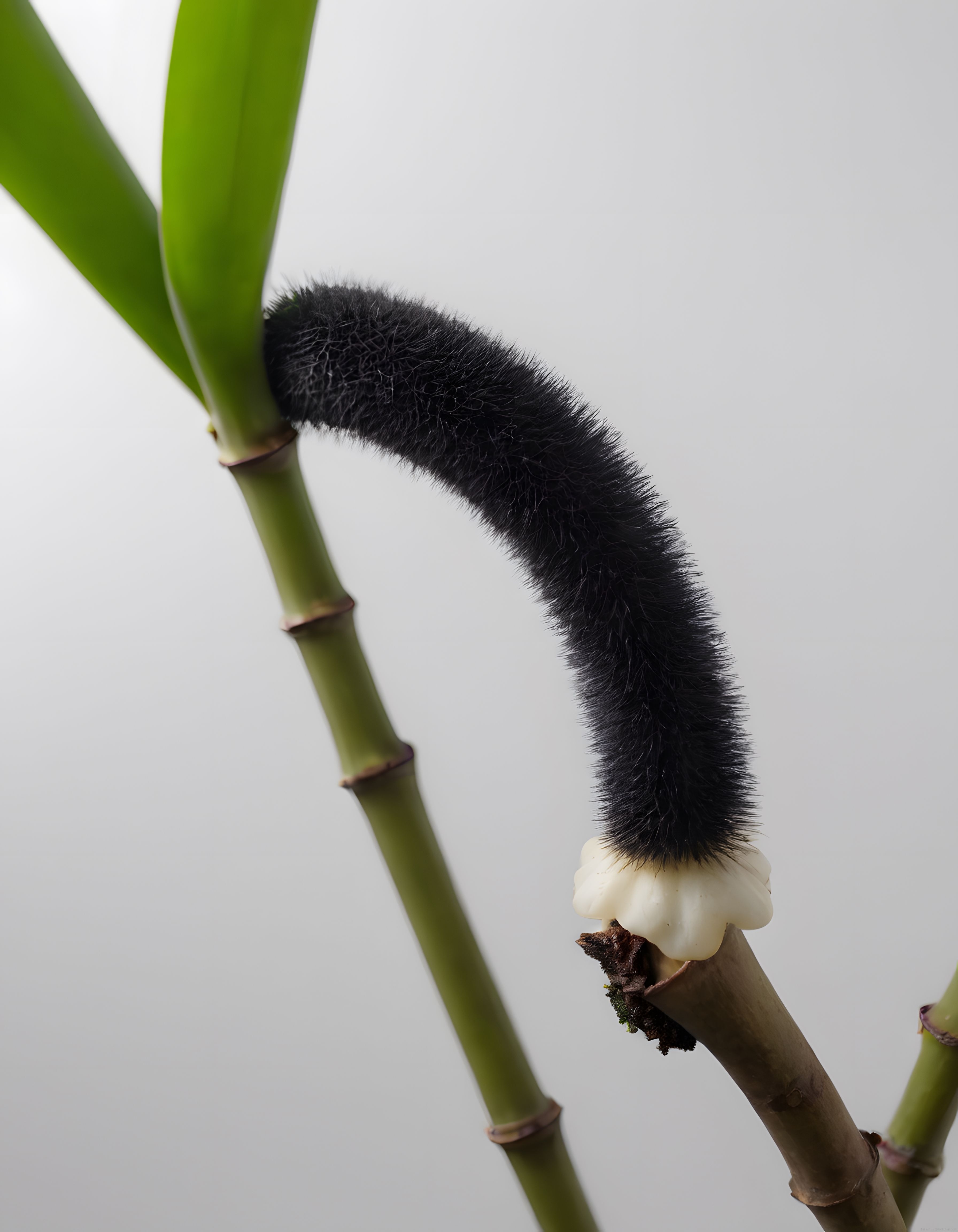 Yeşil Bambu Sapı Üzerindeki Siyah Tüylü Tırtılın Makro Fotoğrafı