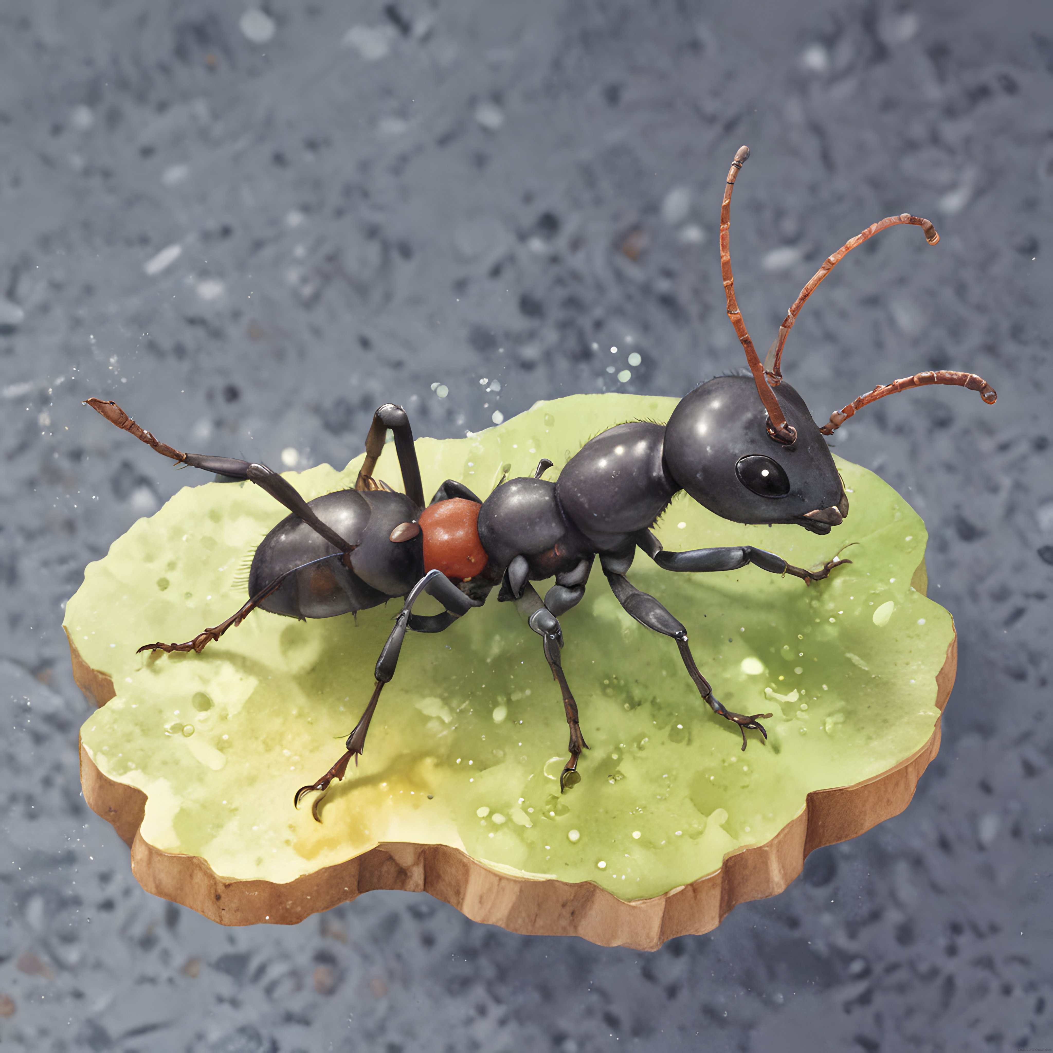 Yeşil bir zemin üzerinde duran siyah ve kırmızı gövdeli karınca yakın çekim
