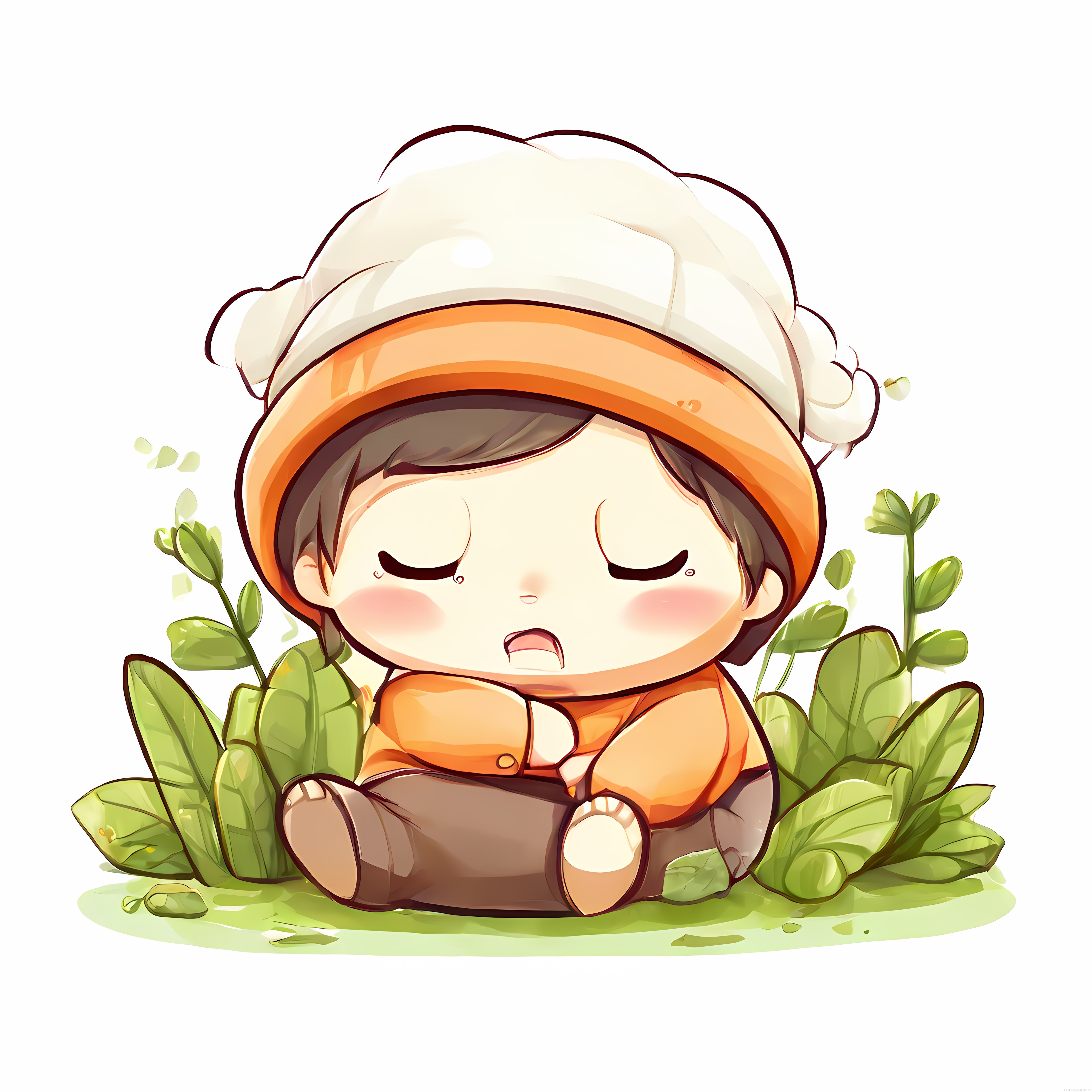 Yeşil Bitkiler Arasında Oturan Şapkalı Üzgün Chibi Karakter Çizimi