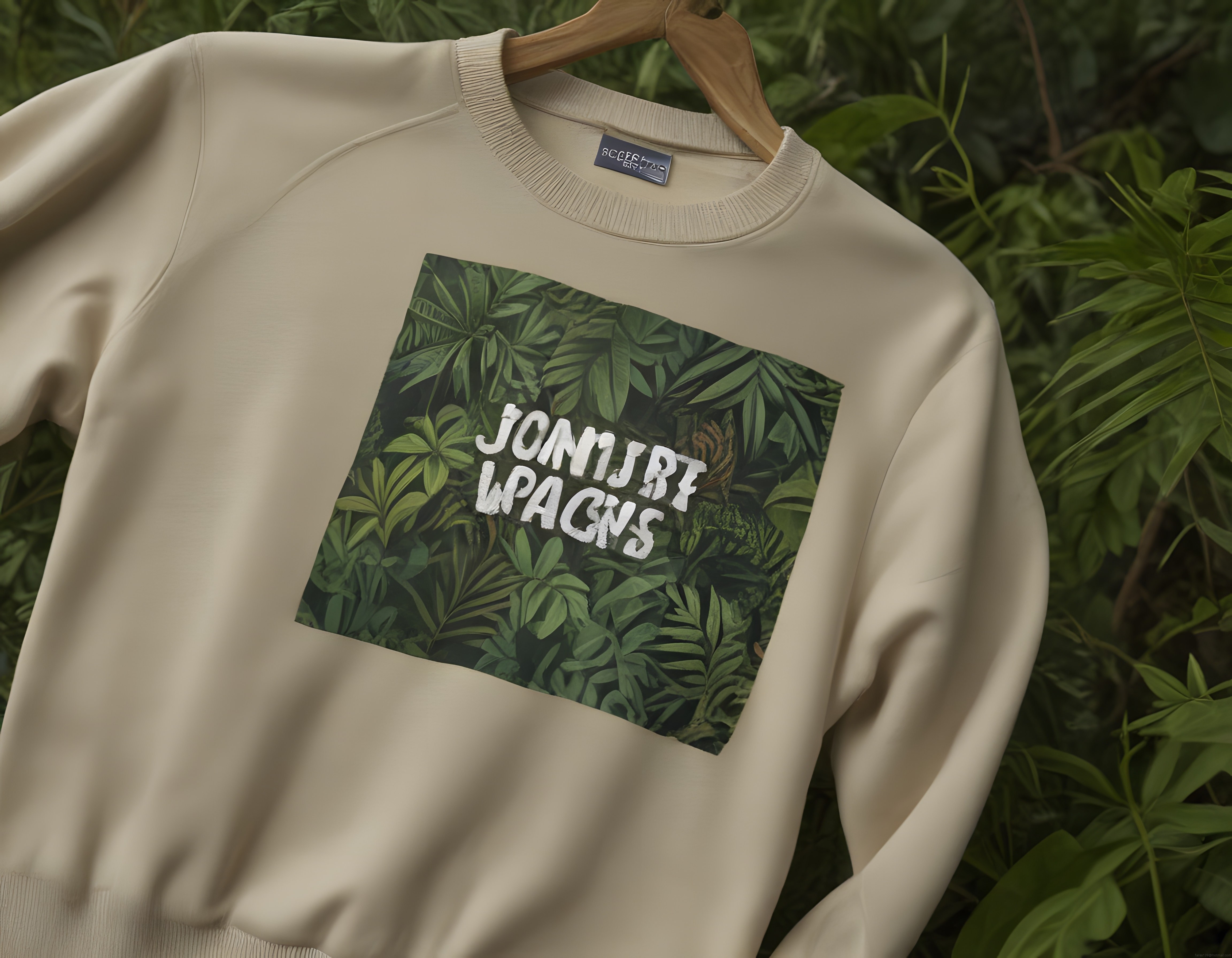 Yeşil Bitkiler Arasında Tropikal Desenli Bej Sweatshirt Ürün Fotoğrafı