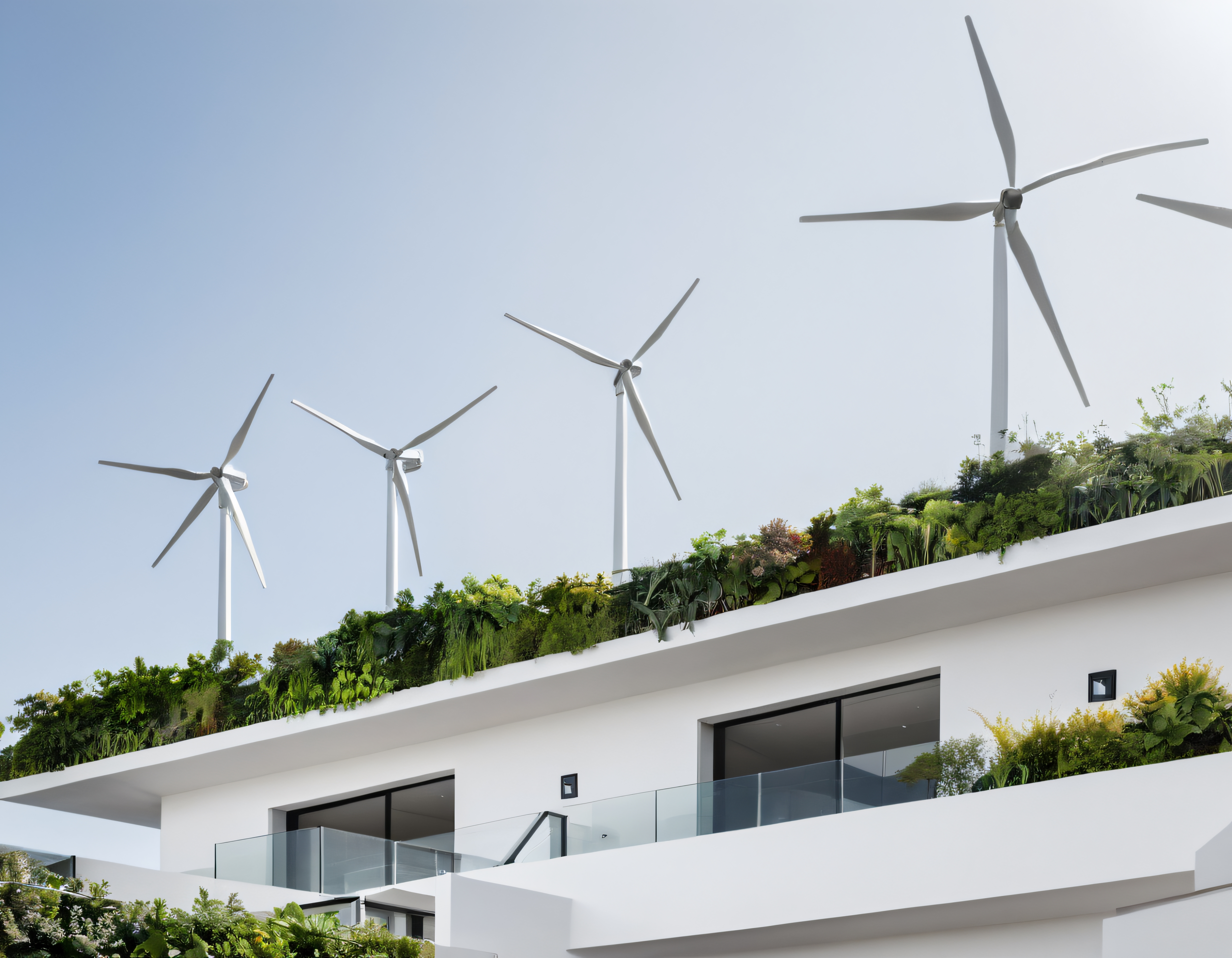 Yeşil Çatılı Çevre Dostu Bina ve Arkasındaki Rüzgar Enerjisi Tesisleri